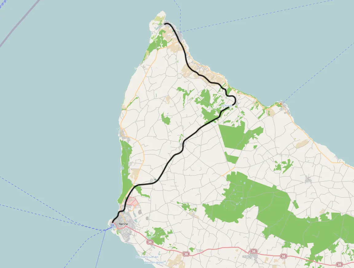 Kort over benestrækningen: Rønne-Allinge Jernbane (RAJ)