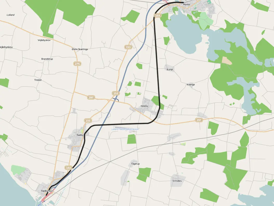Kort over benestrækningen: Maribo-Rødby(Havn) (LJ)