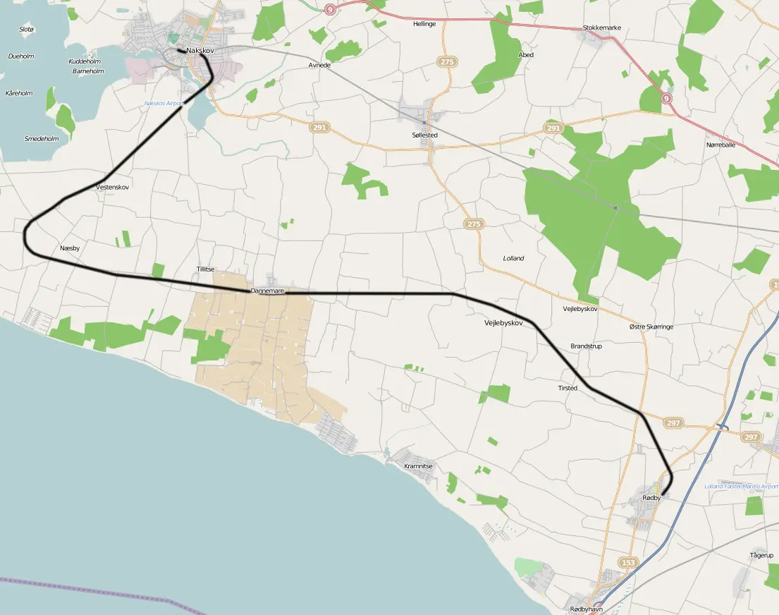 Kort over benestrækningen: Nakskov-Rødby Jernbane (NRJ)