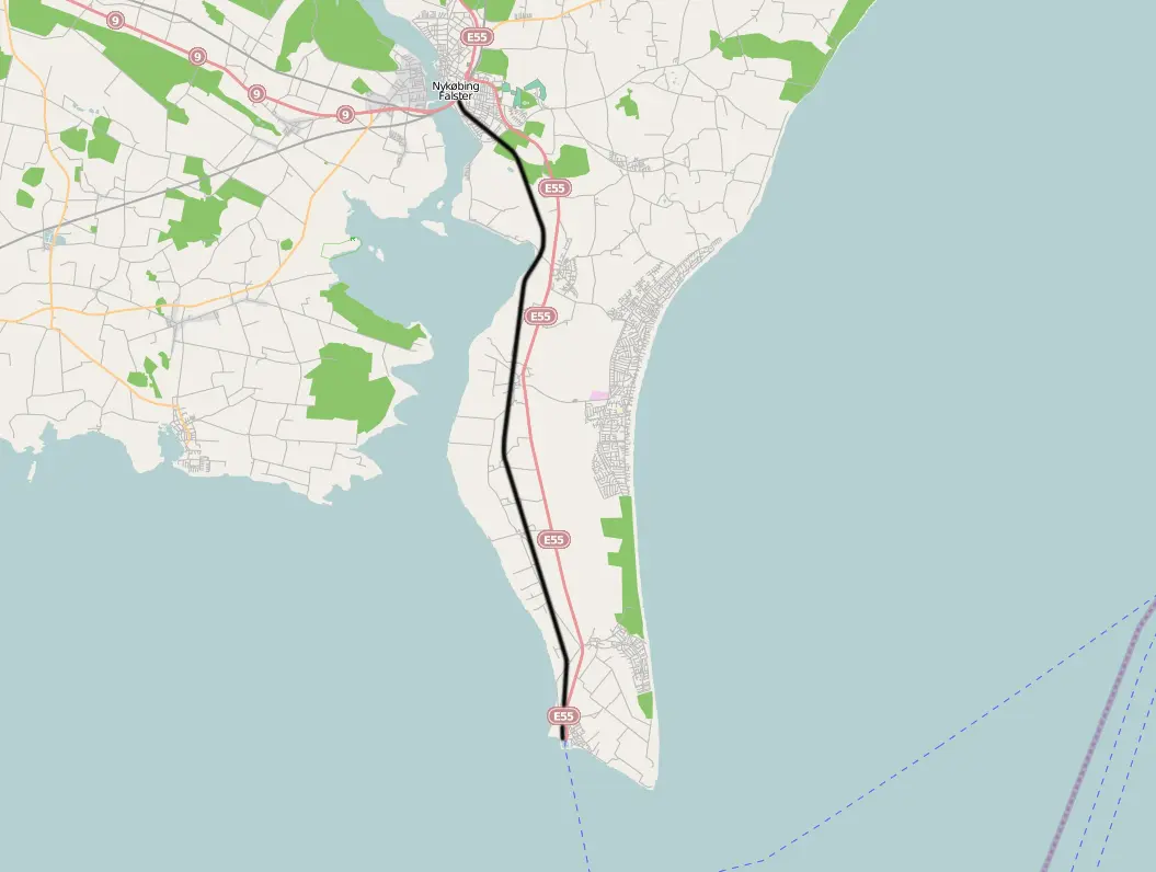 Kort over benestrækningen: Nykøbing Falster-Gedser (DSB) Kort over benestrækningen: Nykøbing Falster-Gedser (DSB)