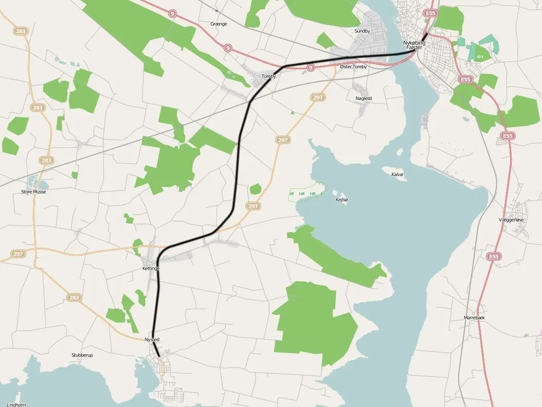 Kort over benestrækningen: Nykøbing Falster-Nysted (SNNB) Kort over benestrækningen: Nykøbing Falster-Nysted (SNNB)
