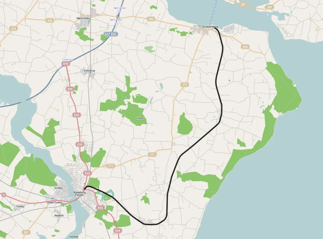 Kort over benestrækningen: Stubbekøbing-Nykøbing Falster - (SNNB) Kort over benestrækningen: Stubbekøbing-Nykøbing Falster - (SNNB)