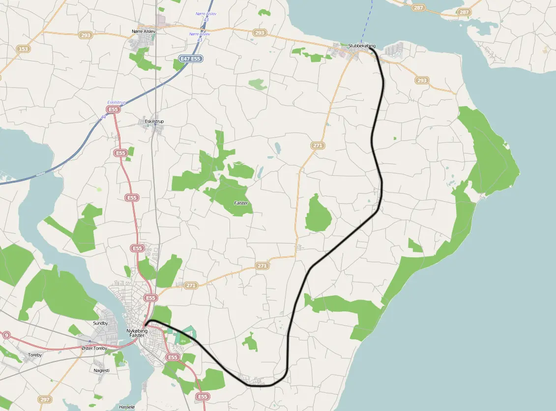 Kort over benestrækningen: Stubbekøbing-Nykøbing Falster - (SNNB)