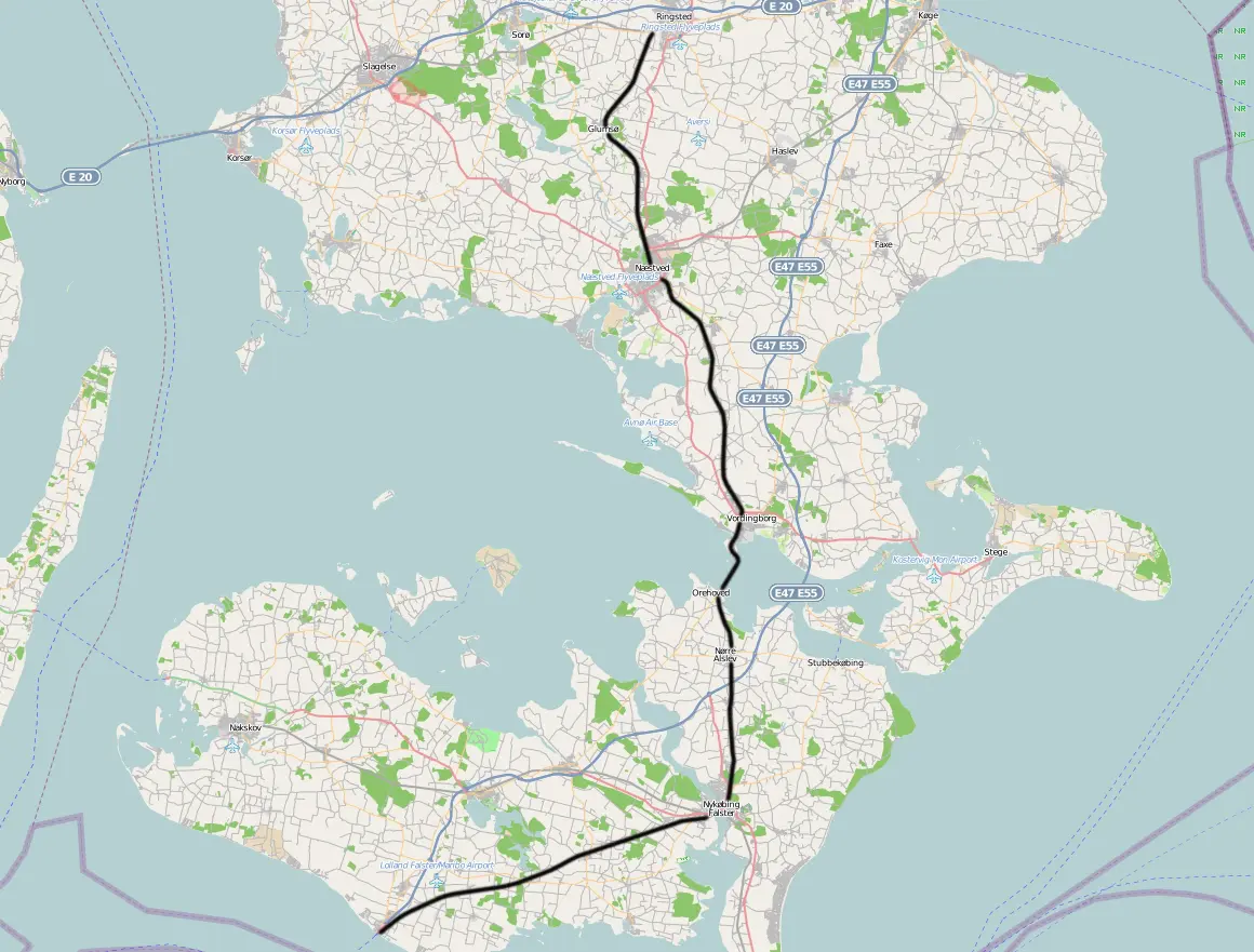 Kort over benestrækningen: Sydbanen (DSB)