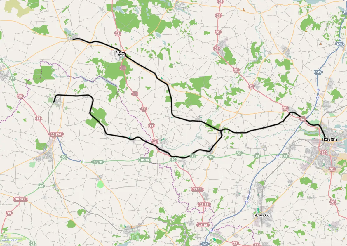 Banekort fra Horsens-Rask Mølle-Ejstrupholm (HV).