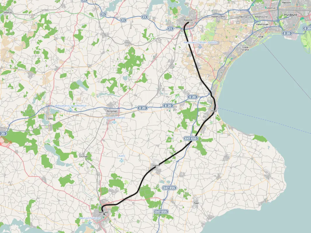 Banekort fra Roskilde-Køge-Næstved-Masnedsund (DSB). Banekort fra Roskilde-Køge-Næstved-Masnedsund (DSB).