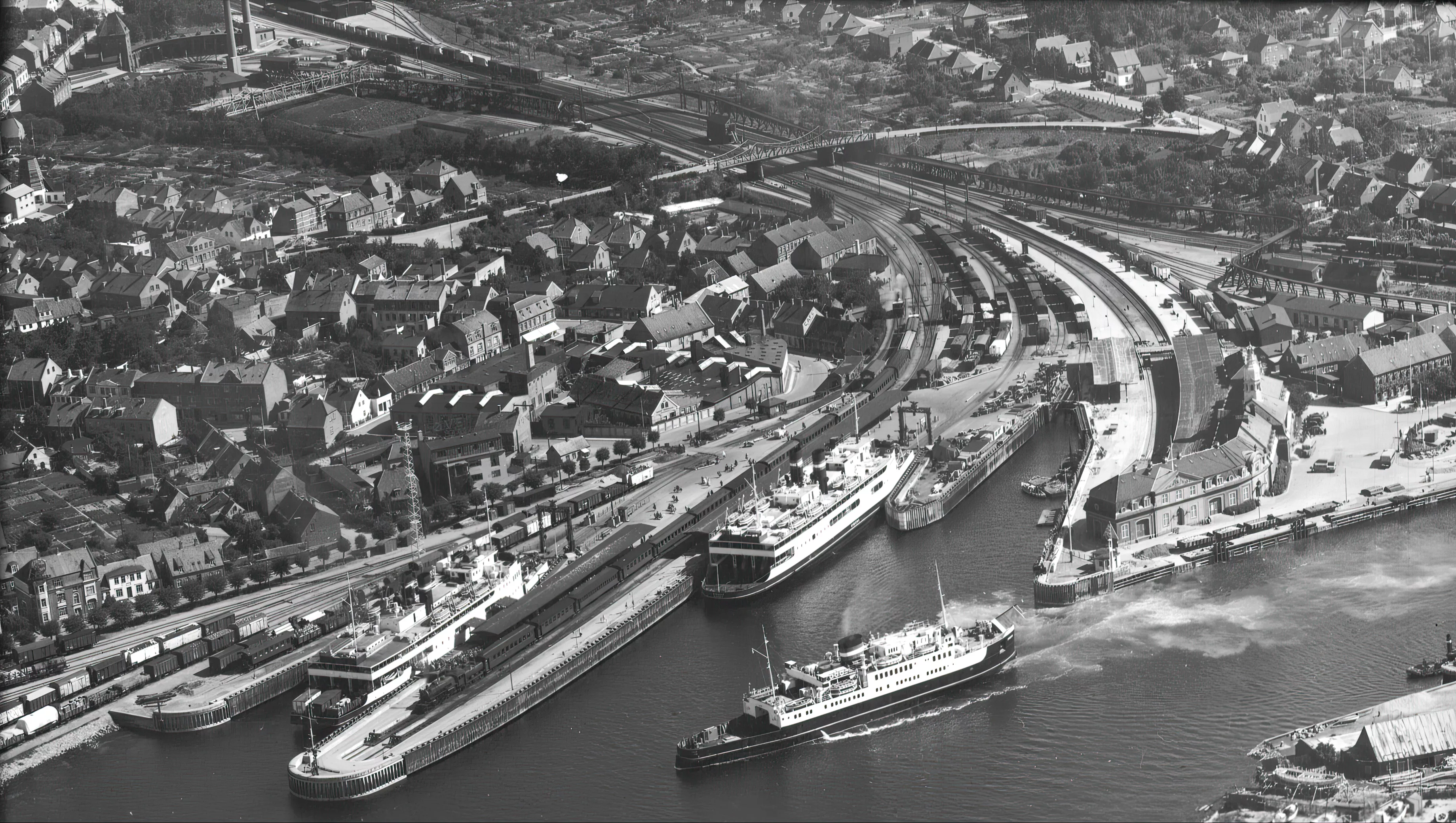 Billede af Korsør Station med færgen "Nyborg" i havn og færgen "Freia" sejlende forbi. Billede af Korsør Station med færgen "Nyborg" i havn og færgen "Freia" sejlende forbi.
