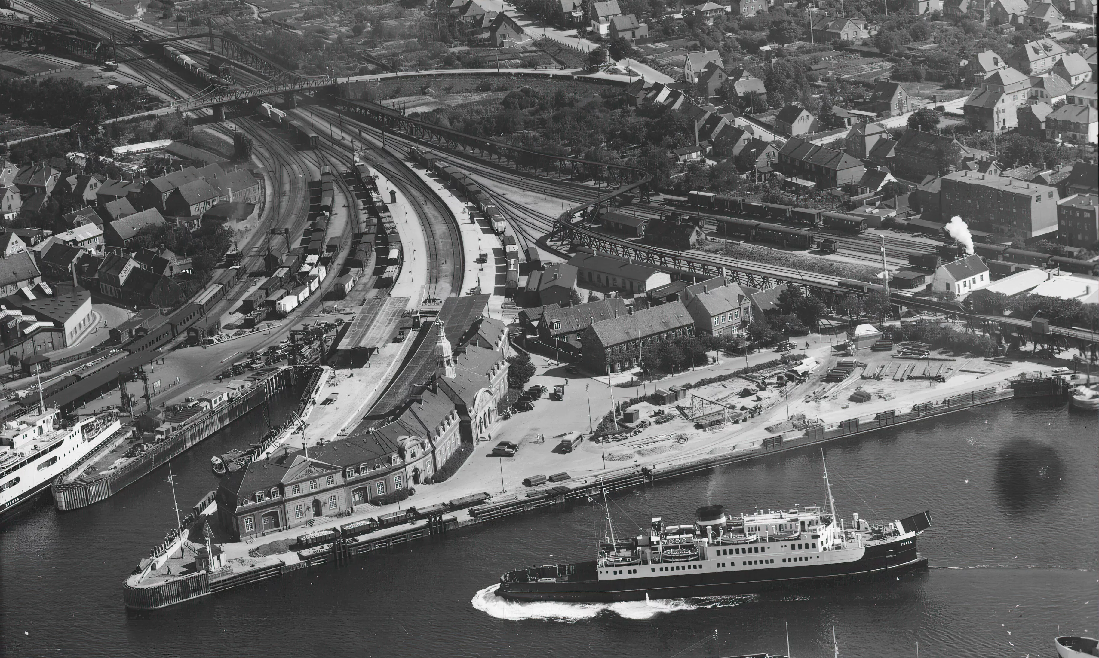 Billede af Korsør Station med færgen "Nyborg" i havn og færgen "Freia" sejlende forbi.