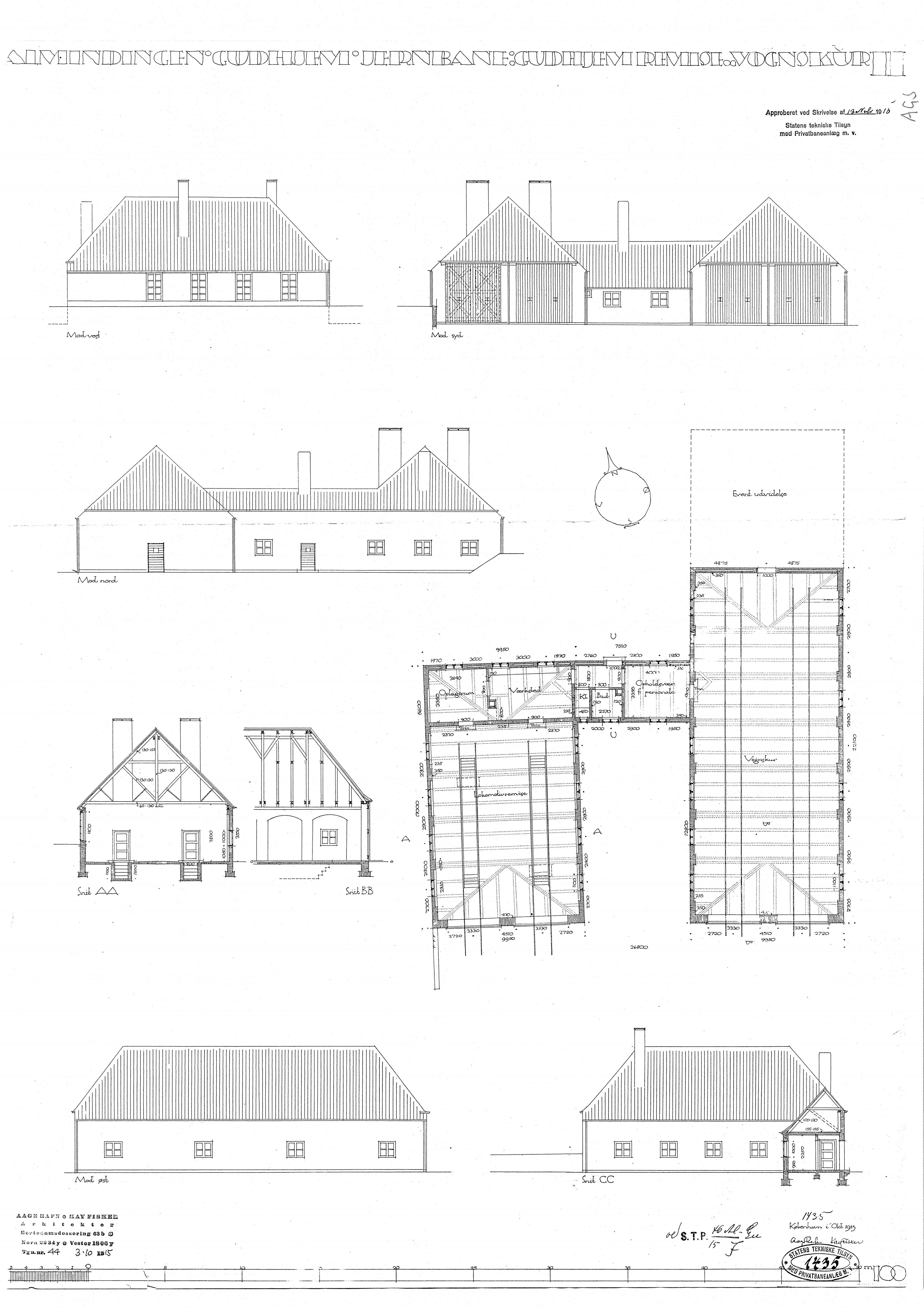 Tegning af Gudhjem Stations remise.