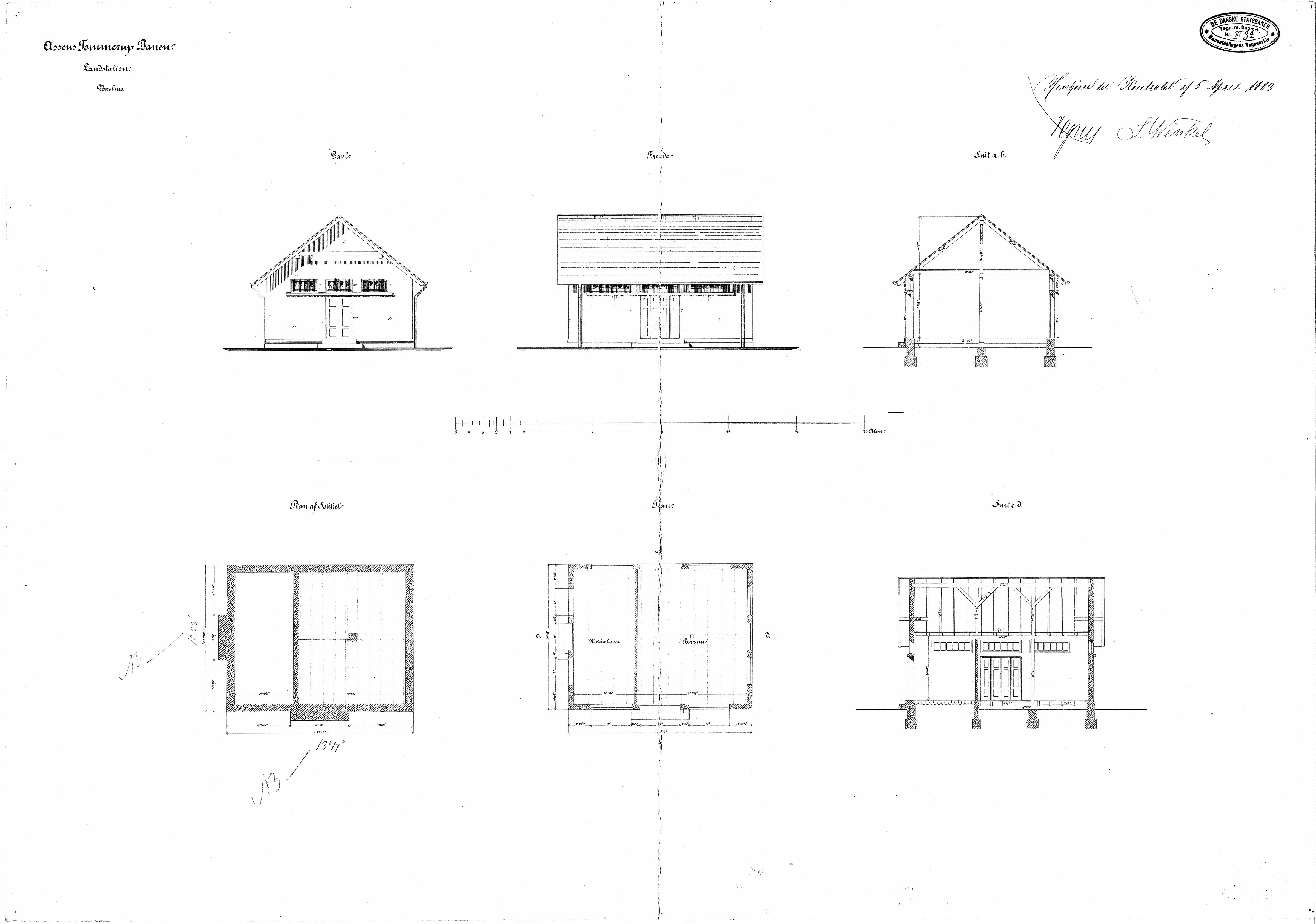 Tegning af Nårup Stations varehus.