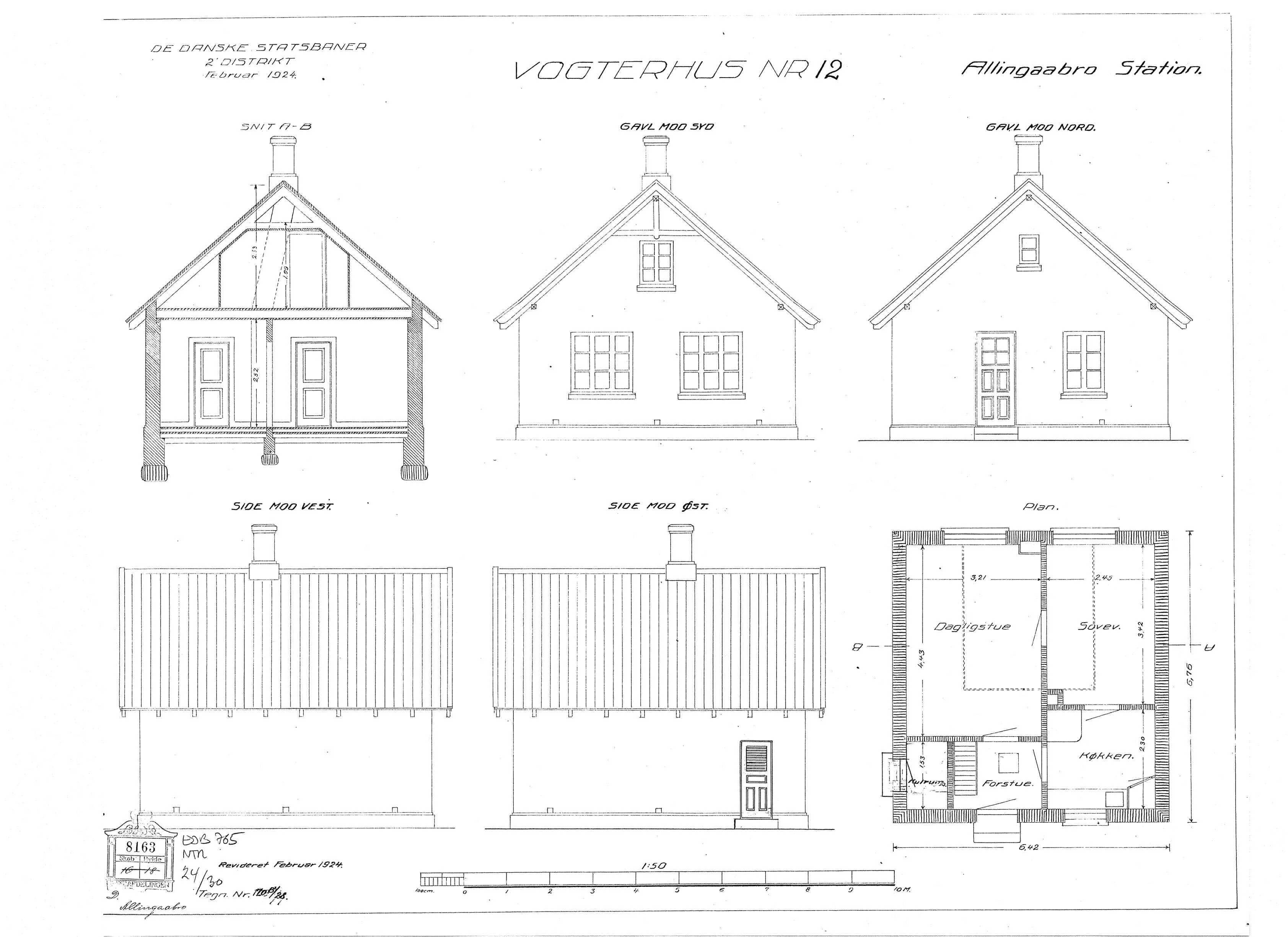 Tegning af vogterhus nummer 12 ved Allingåbro Station.