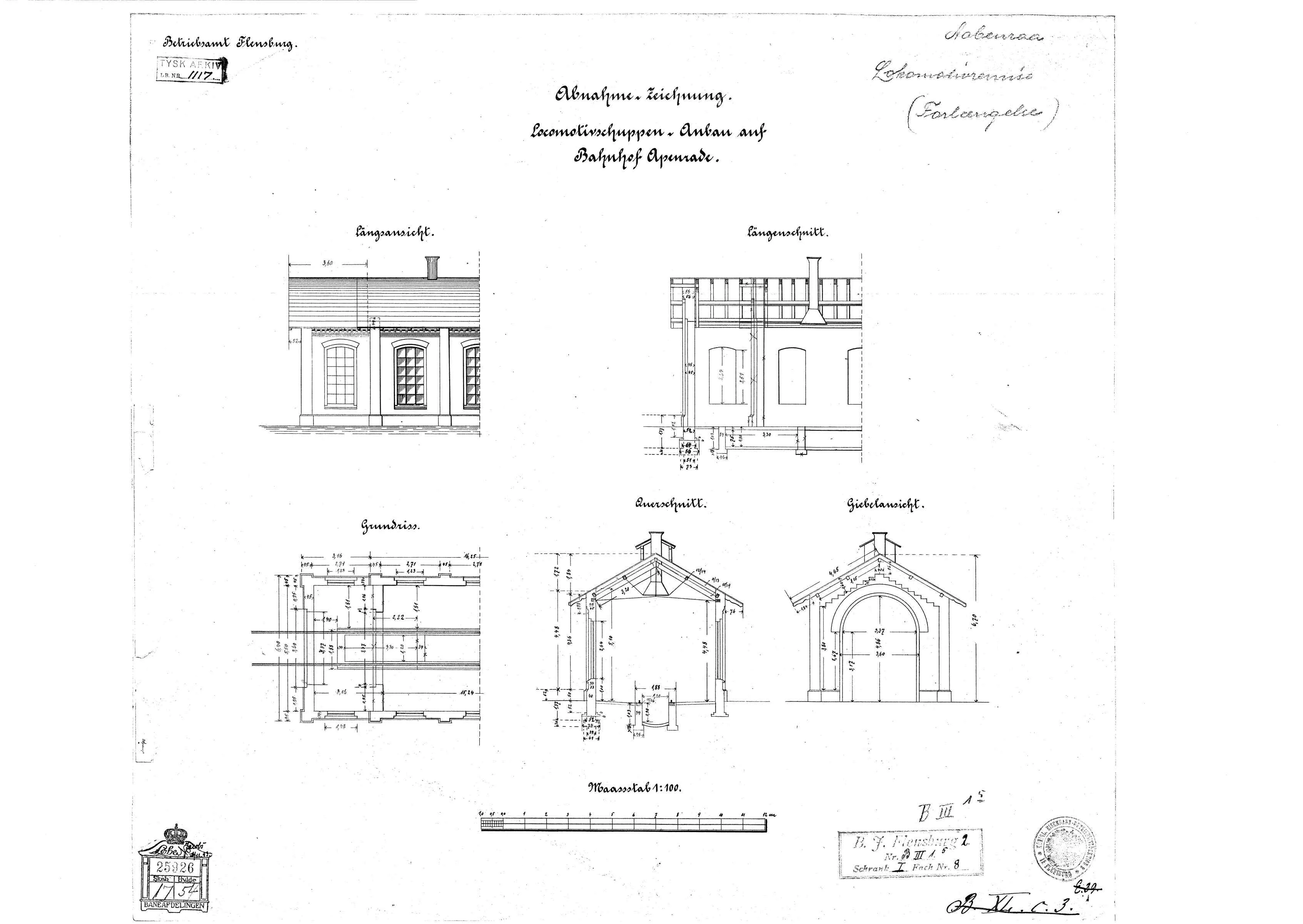 Tegning af Aabenraa Stations forlængelse af remise.