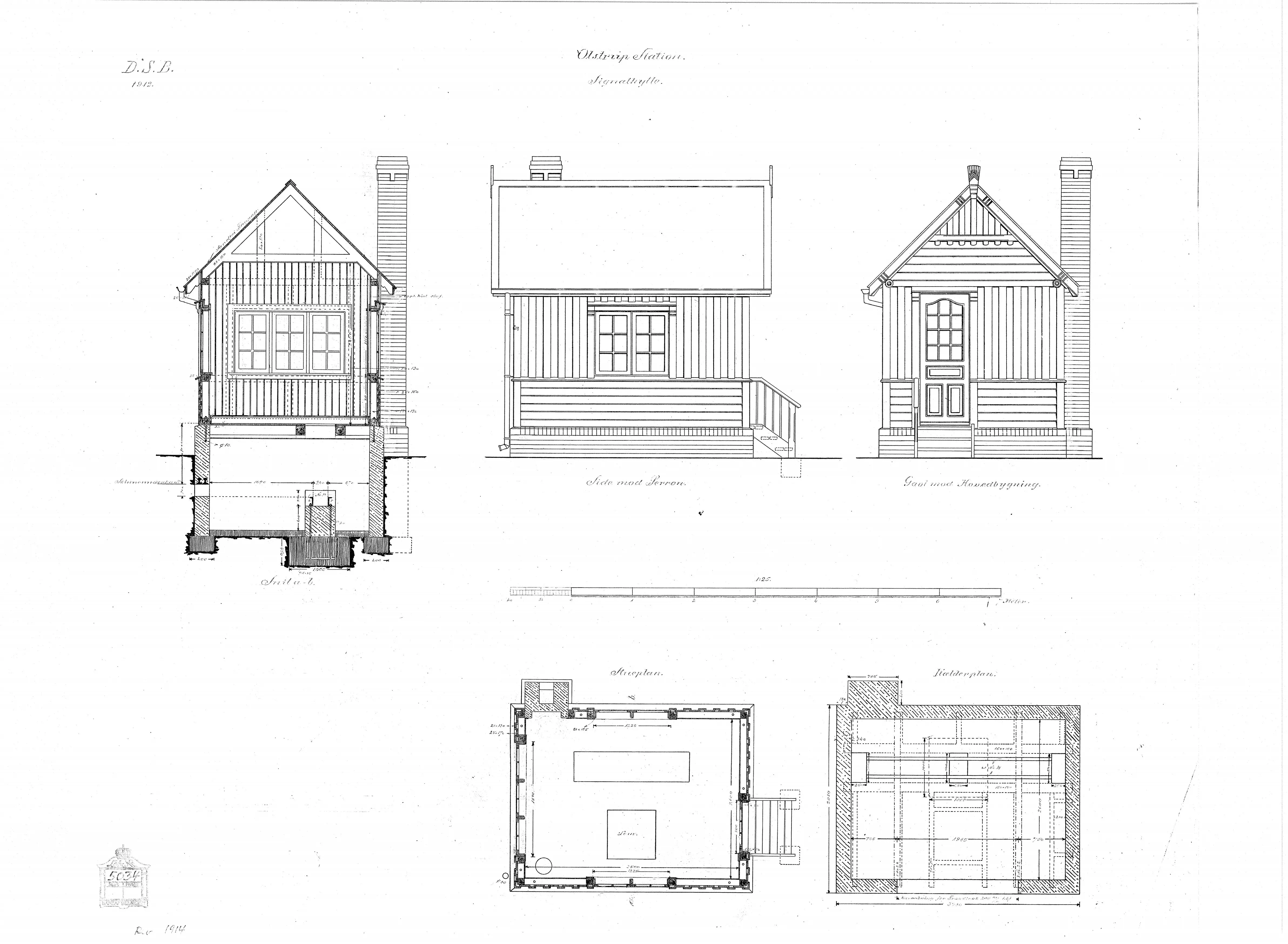 Tegning af Holme-Olstrup Stations signalhytte.