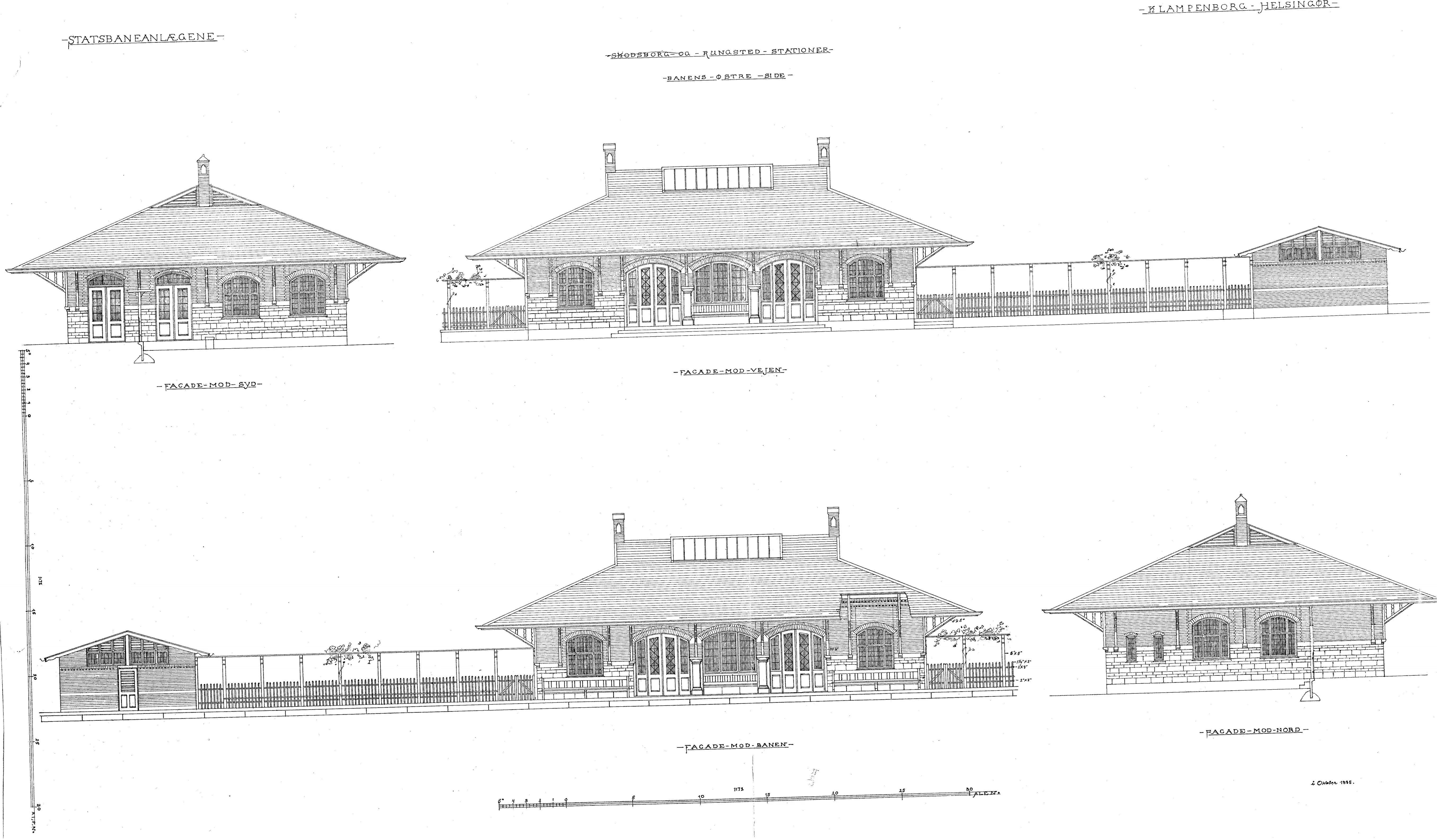 Tegning af Udkast til østre stationsbygning ved Skodsborg Station.