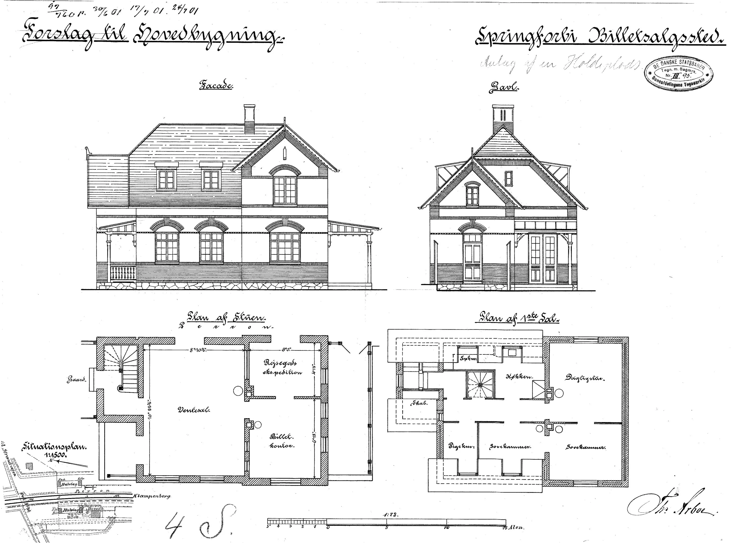 Tegning af Springforbi Billetsalgssted - Forslag til hovedbygning. Tegning af Springforbi Billetsalgssted - Forslag til hovedbygning.