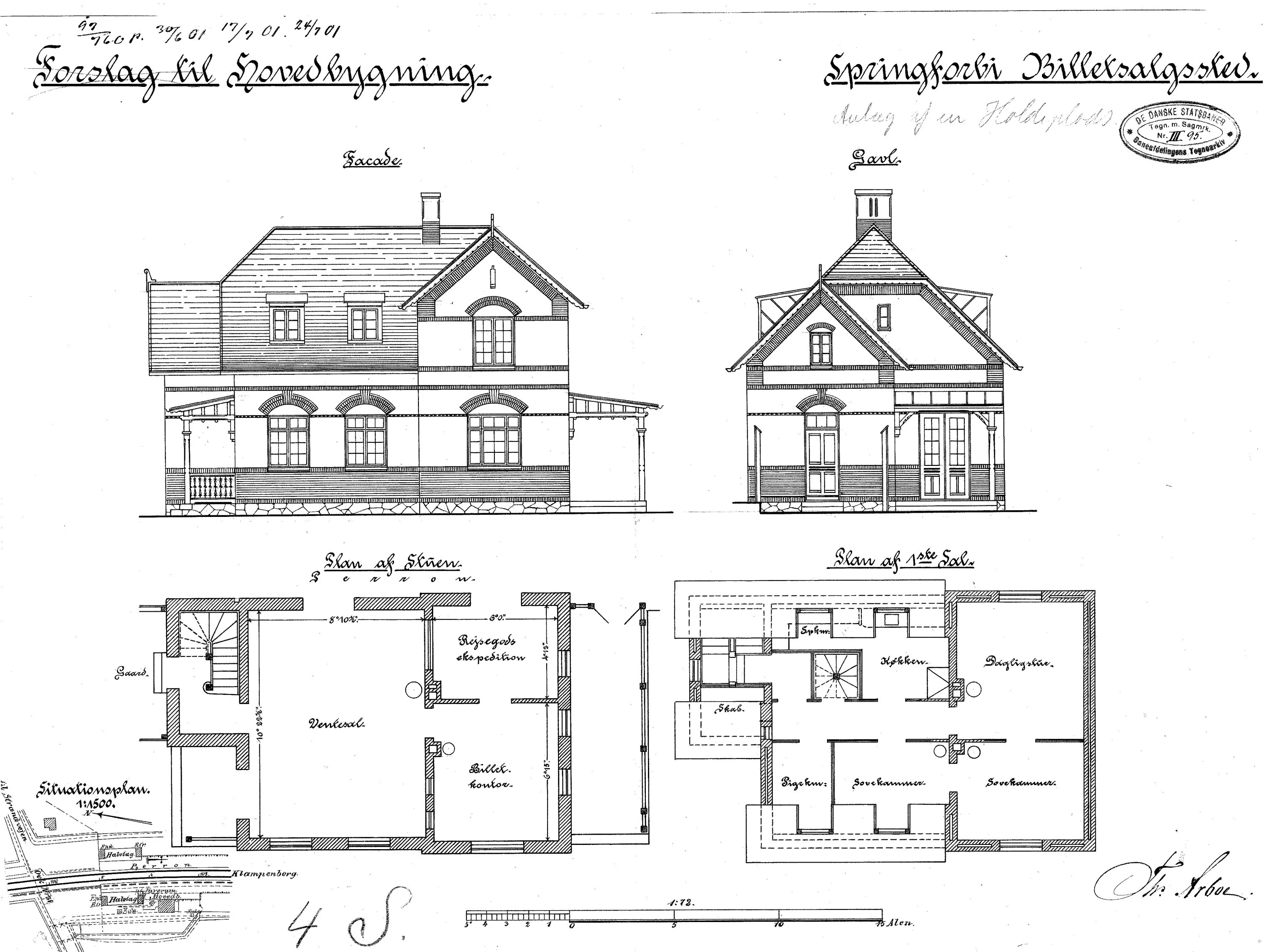 Tegning af Springforbi Billetsalgssted - Forslag til hovedbygning. Tegning af Springforbi Billetsalgssted - Forslag til hovedbygning.