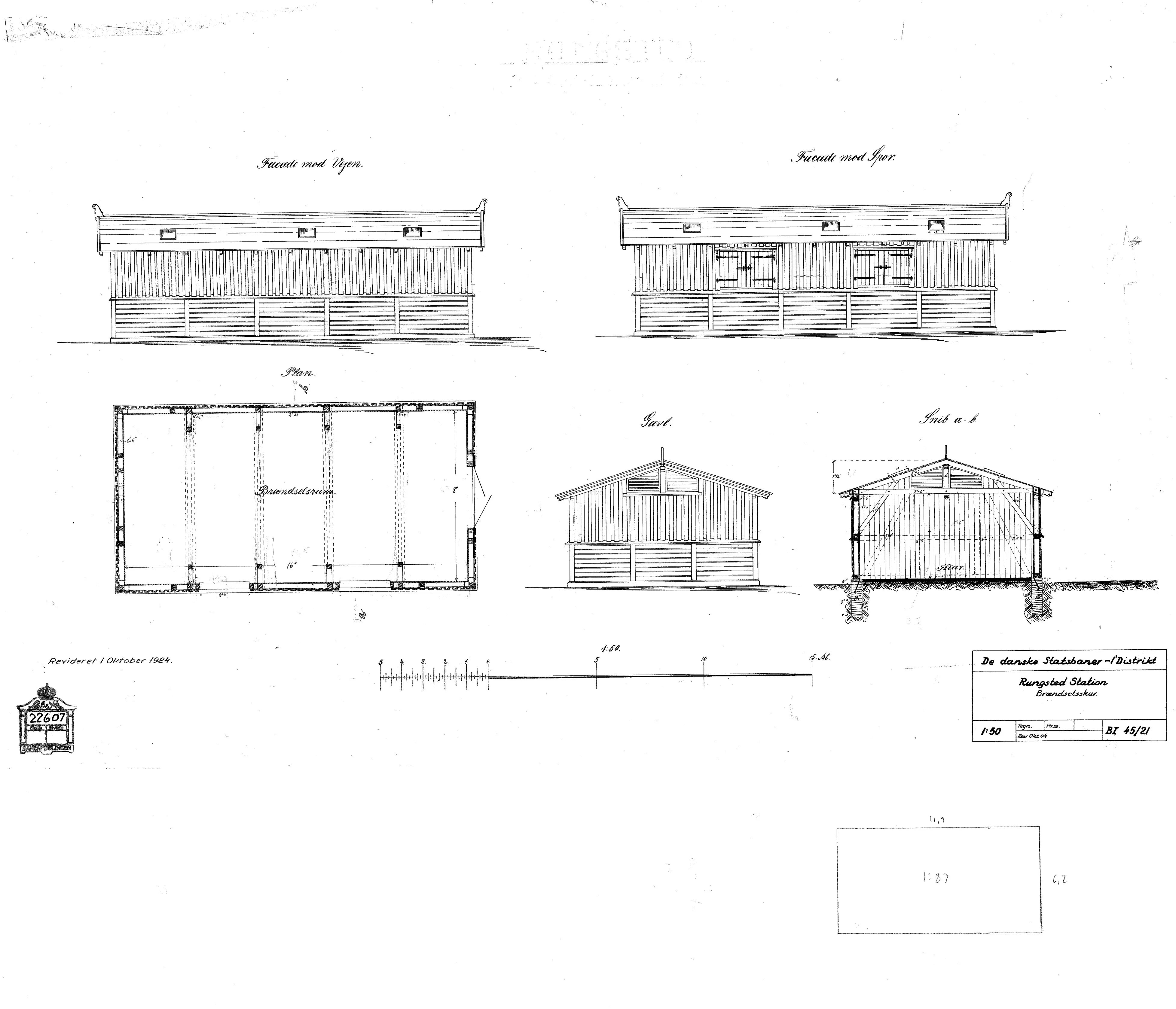 Tegning af Skur for kul, koks og brænde ved Rungsted Kyst Station.