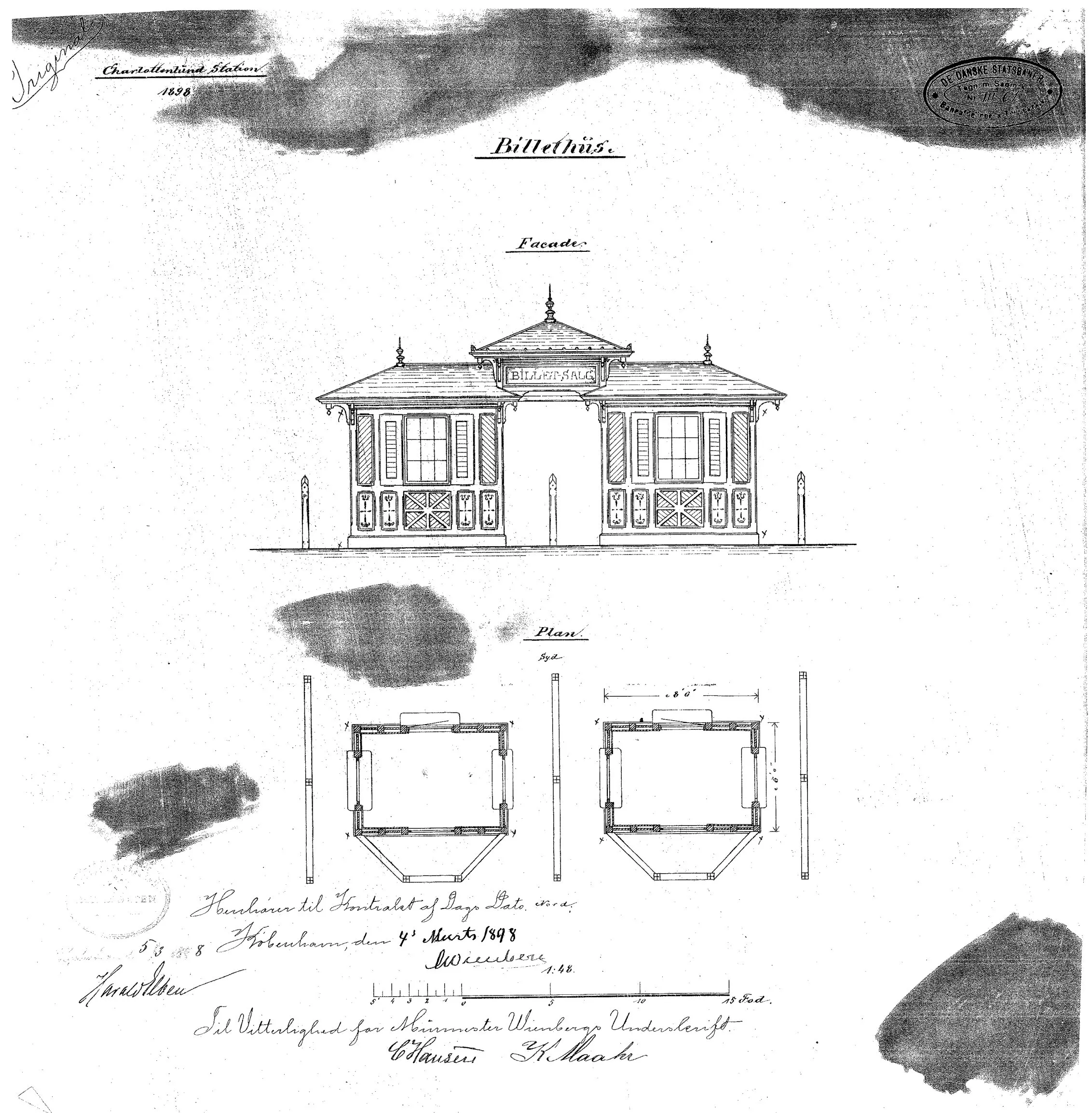 Tegning af Billethus ved Charlottenlund Station.