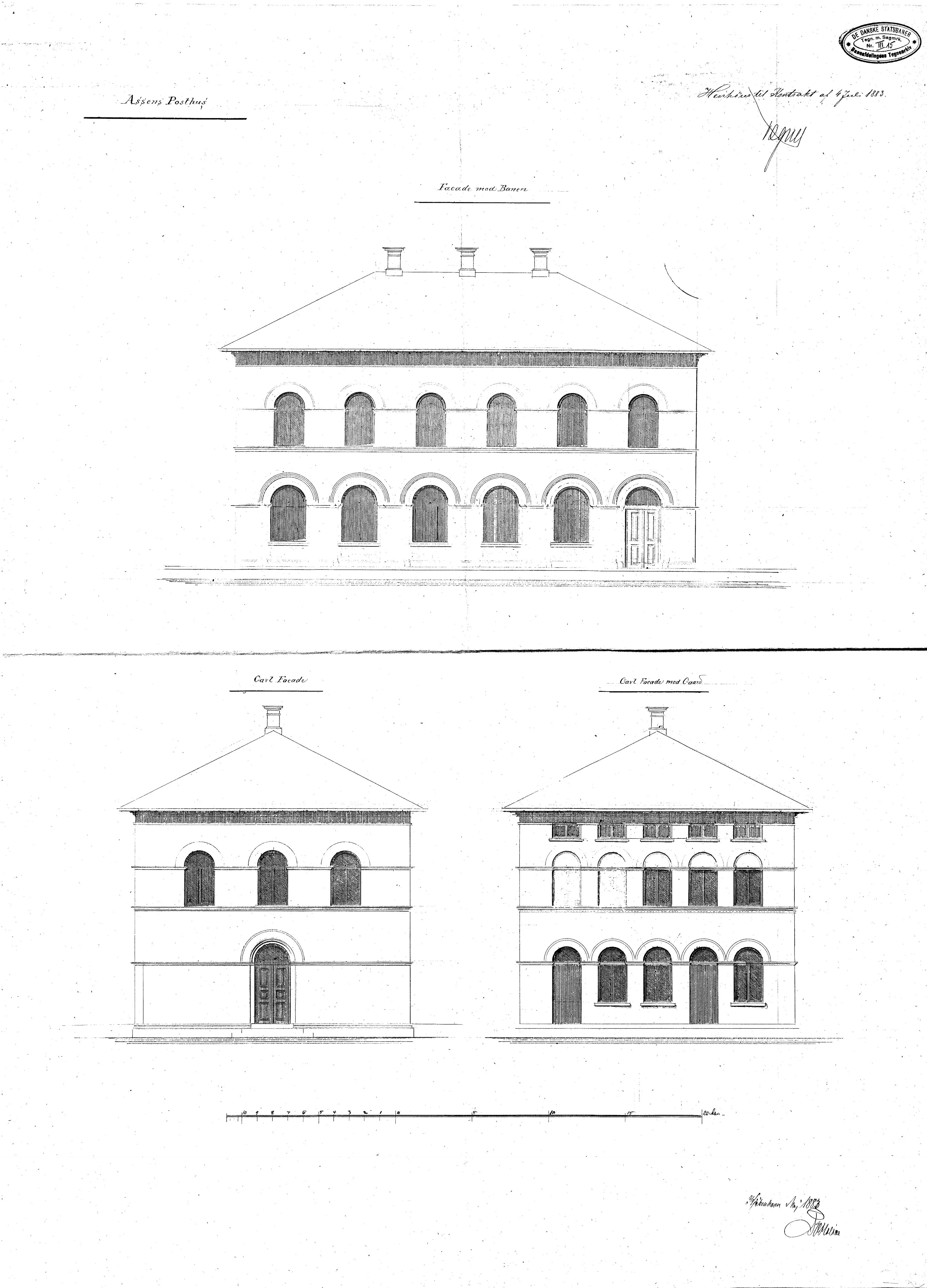 Tegning af posthuset ved Assens Station.