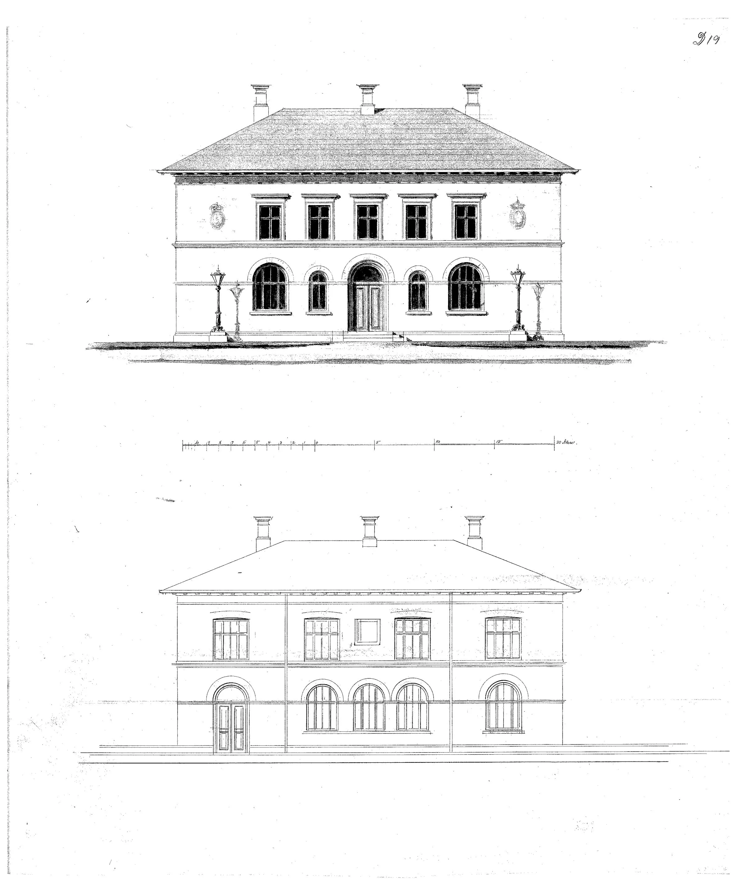 Tegning af posthuset ved Assens Station. Tegning af posthuset ved Assens Station.