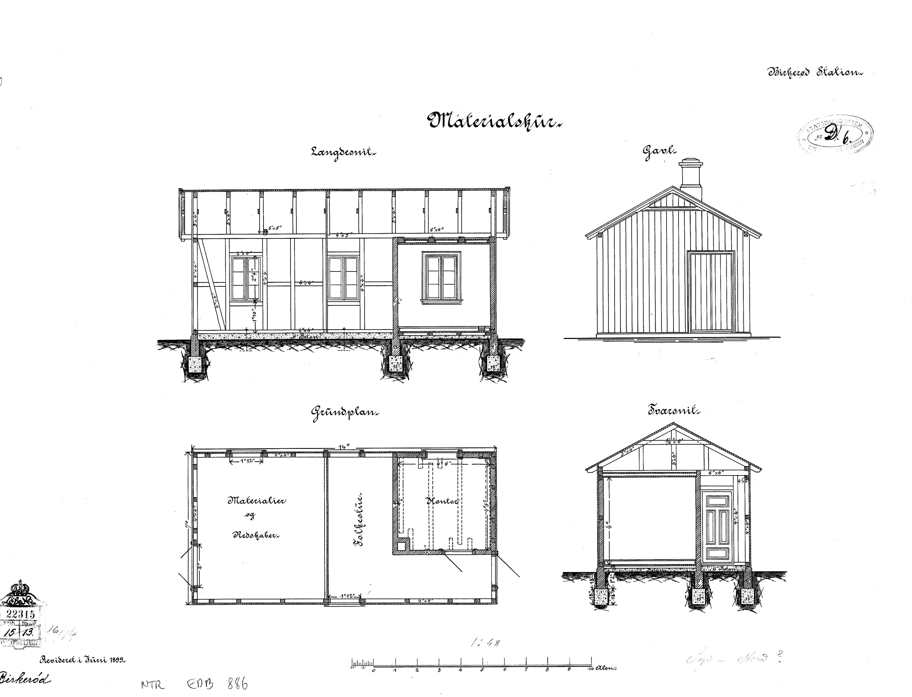 Tegning af Materialskur ved Birkerød Station.