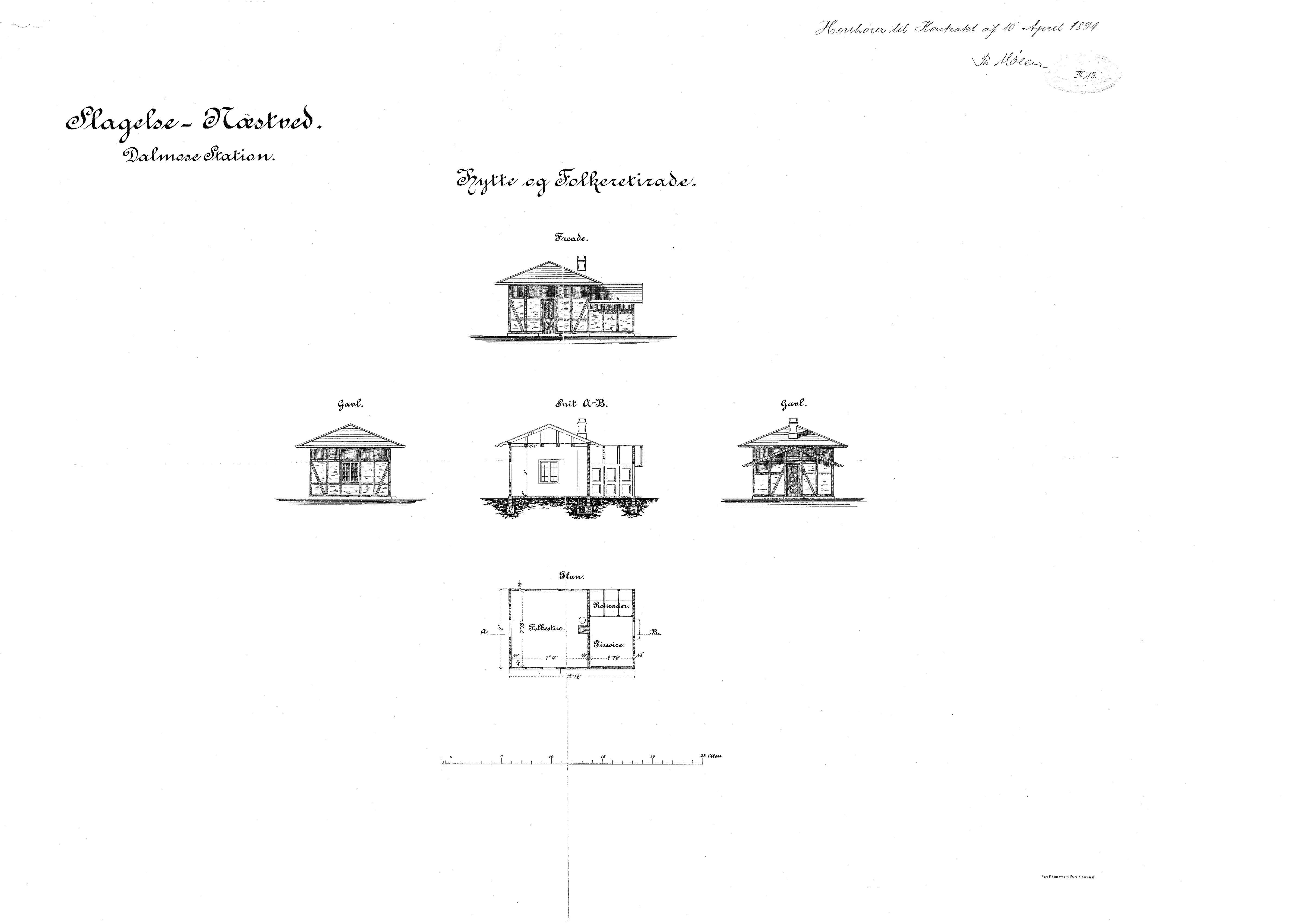 Tegning af Hytte og folkeretirade ved Dalmose Station.