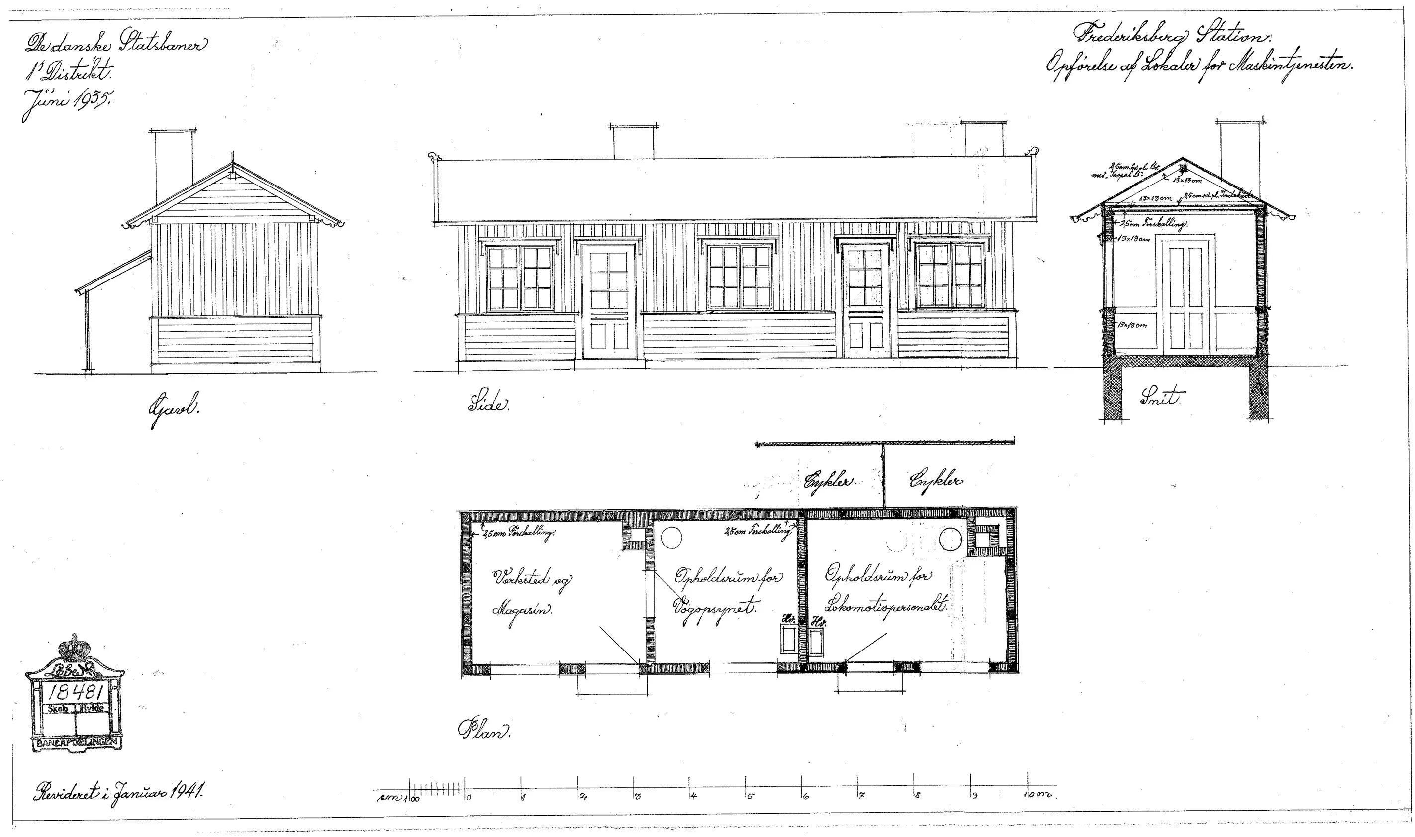 Tegning af Lokaler for Maskintjenesten ved Frederiksberg Station.