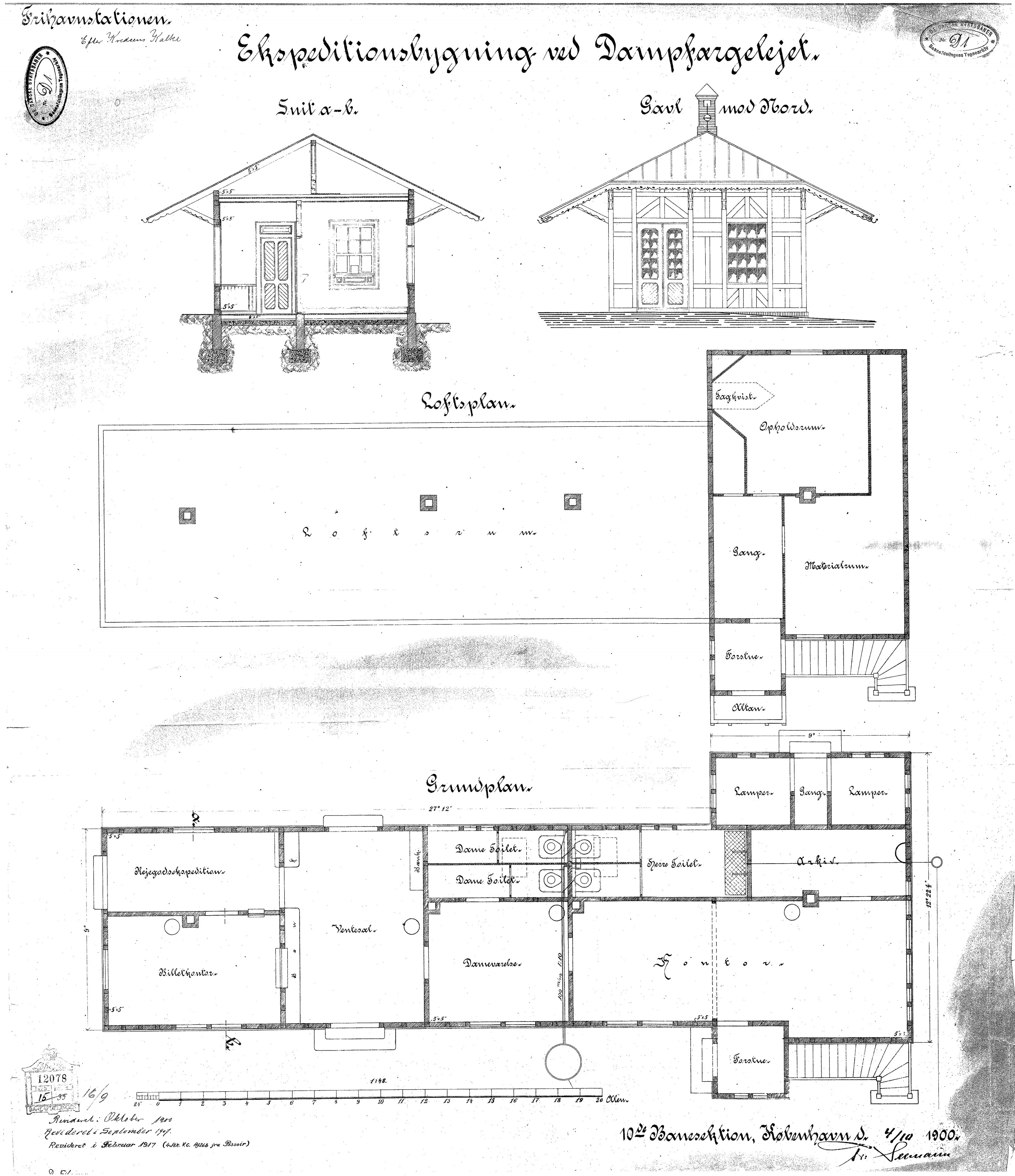 Tegning af Ekspeditionsbygning ved dampfærgelejet tilhørende Frihavnens Station.