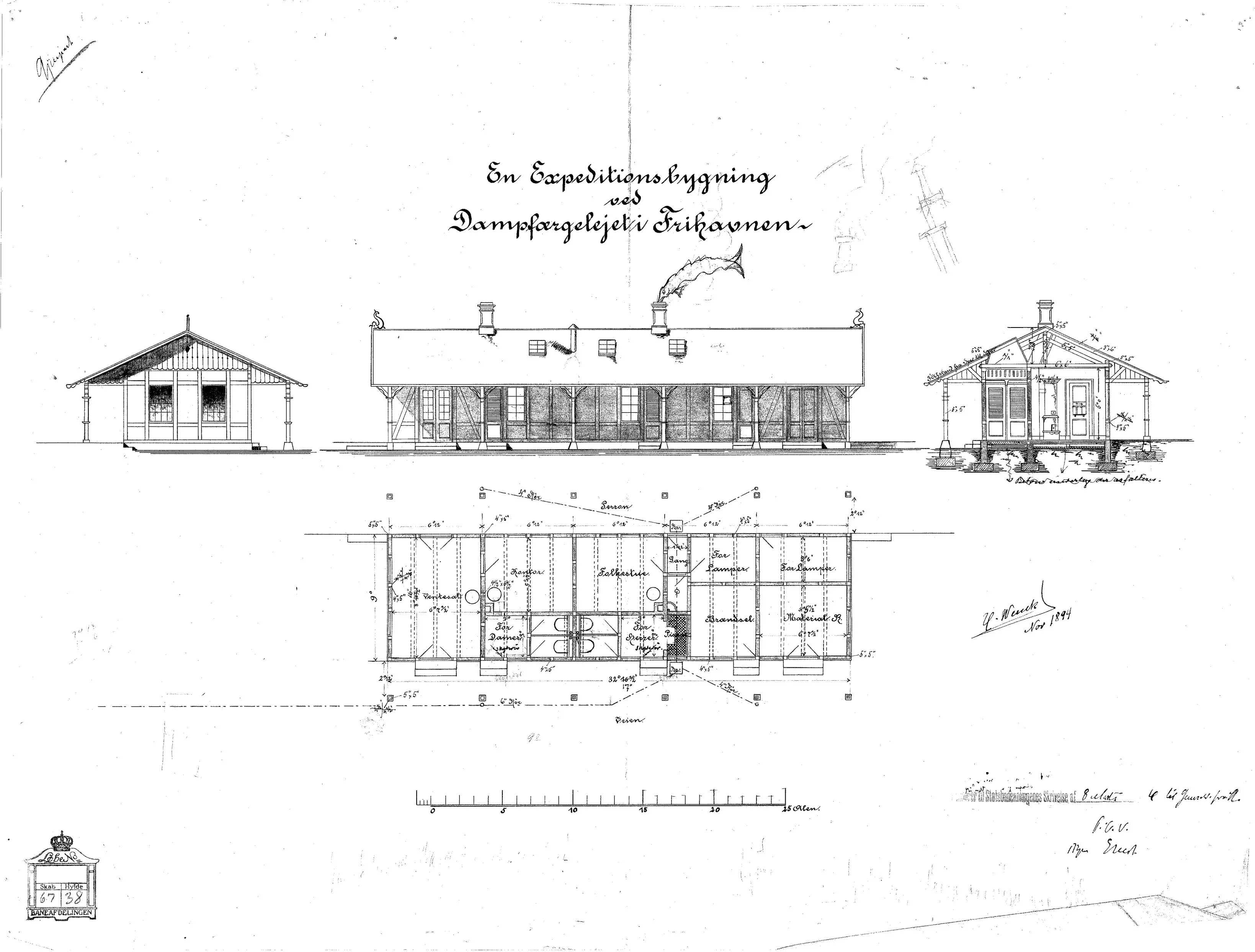 Tegning af Ekspeditionsbygning ved dampfærgelejet ved Frihavnens Station. Tegning af Ekspeditionsbygning ved dampfærgelejet ved Frihavnens Station.