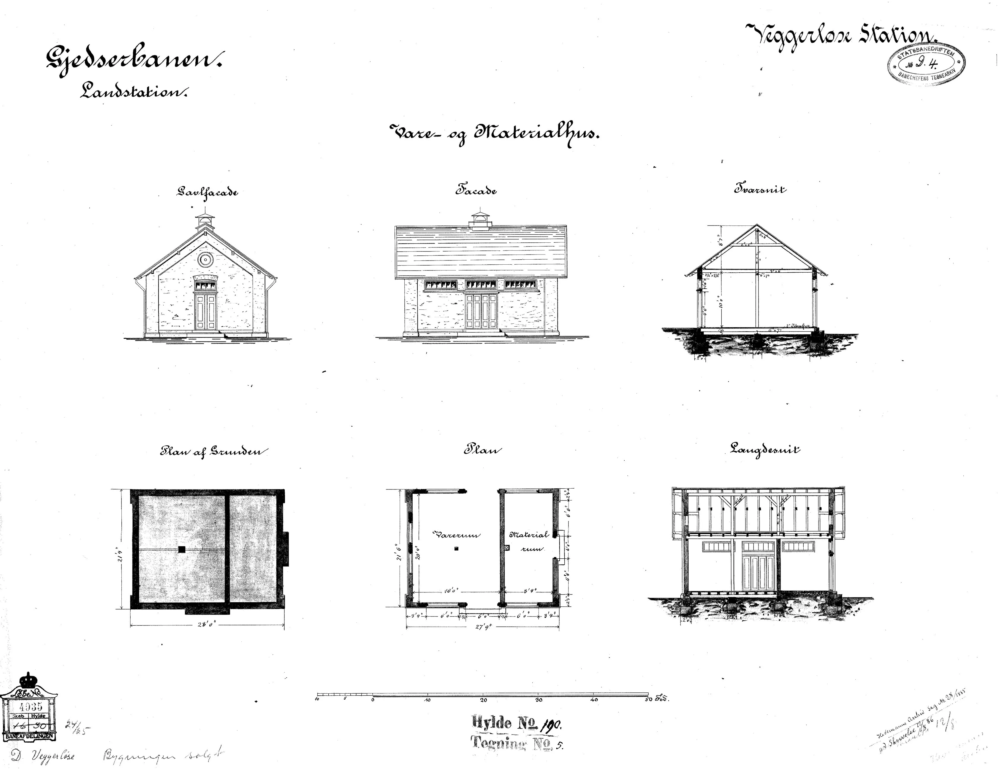 Tegning af Vare- og materialhus ved Væggerløse Station. Tegning af Vare- og materialhus ved Væggerløse Station.