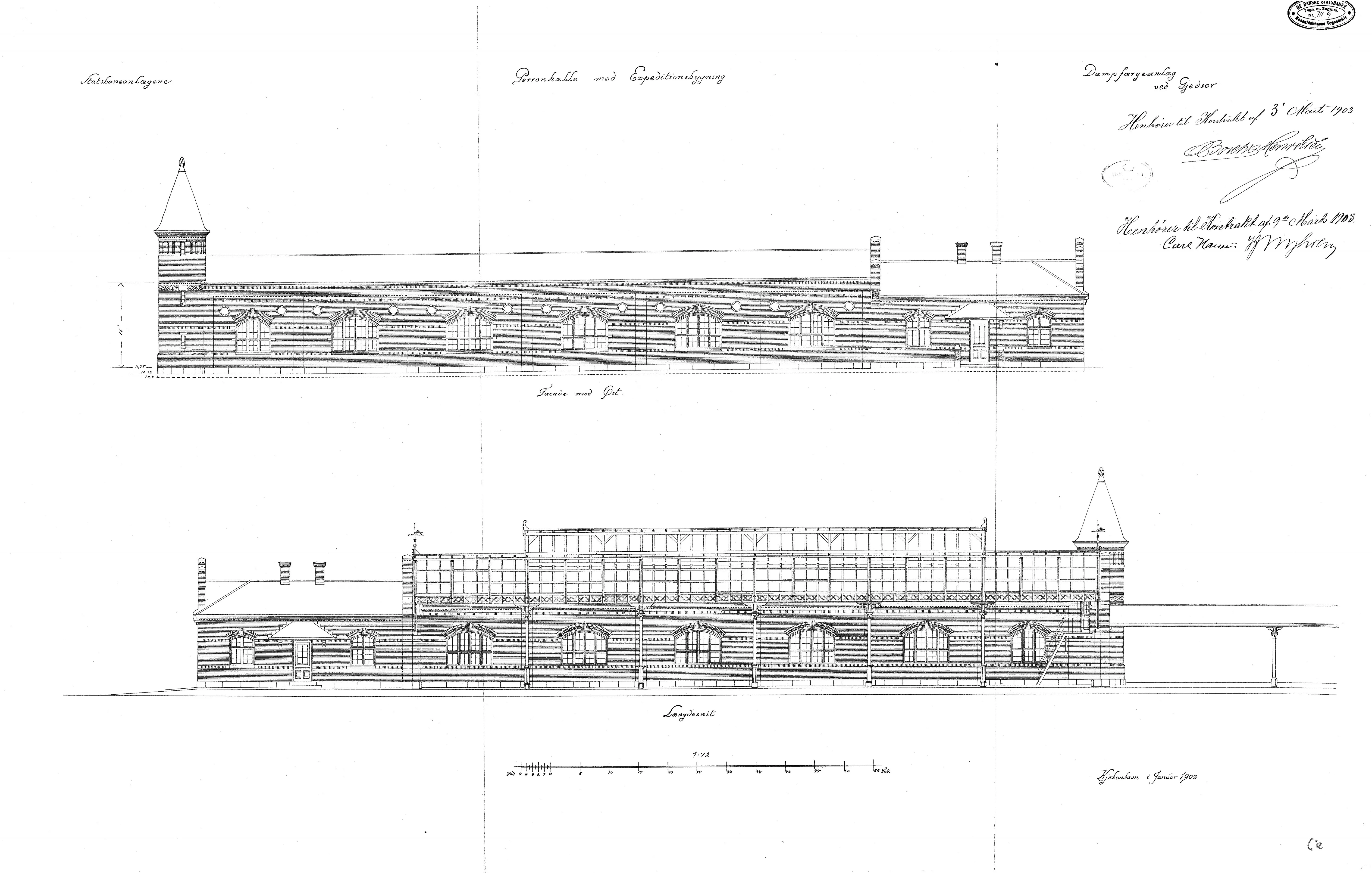 Tegning af Gedser Station.