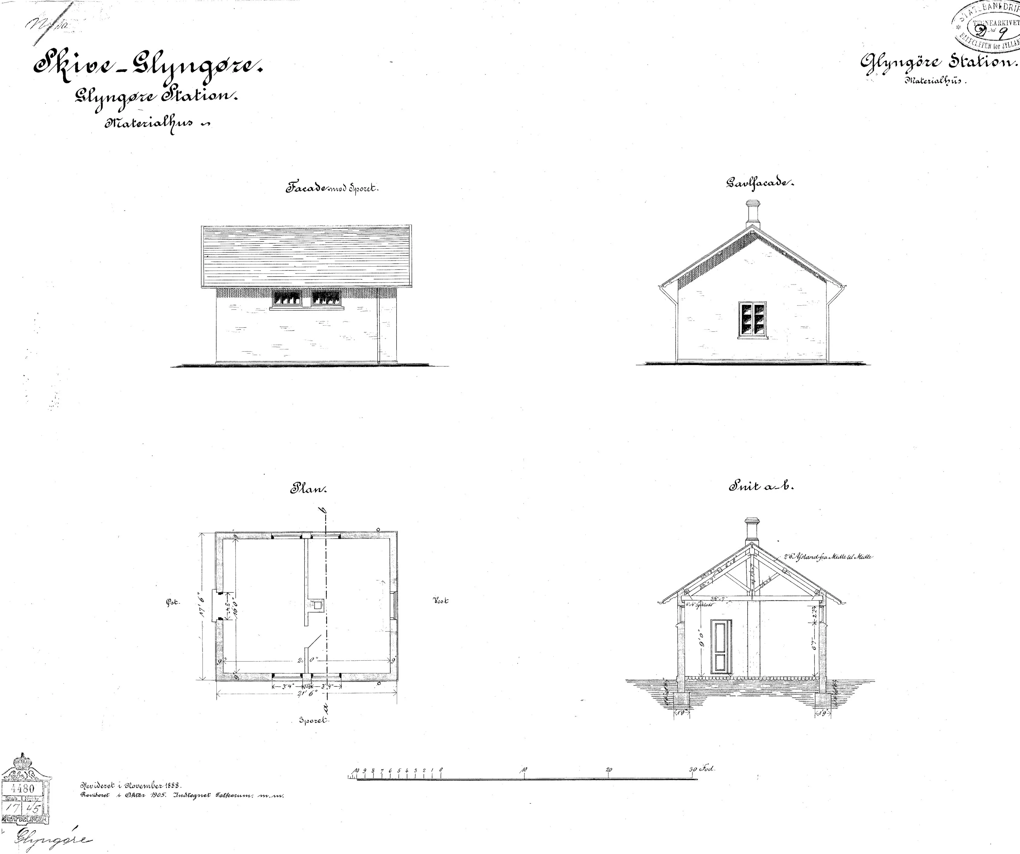 Tegning af Materialhus ved Glyngøre Station.