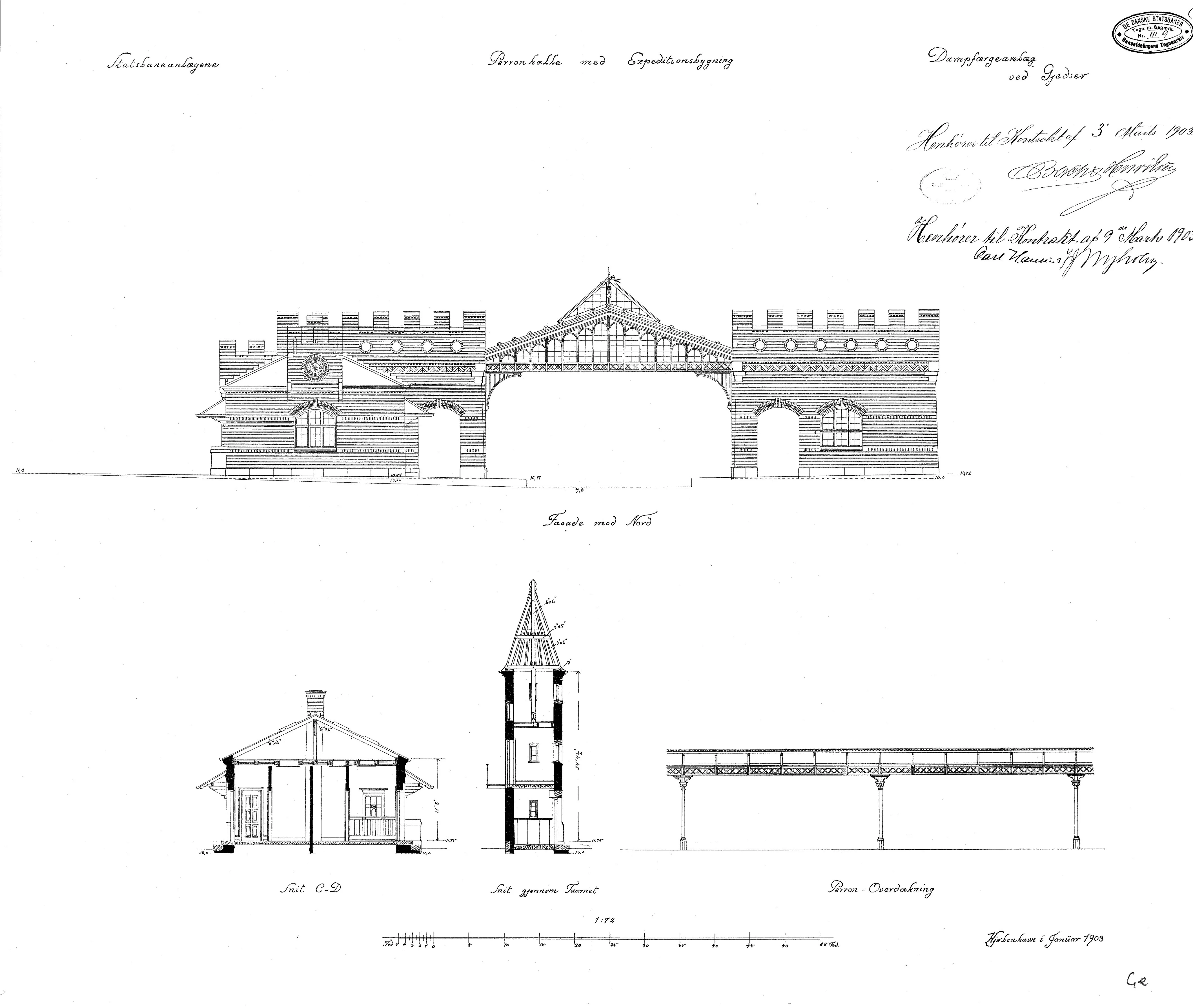 Tegning af Gedser Station.