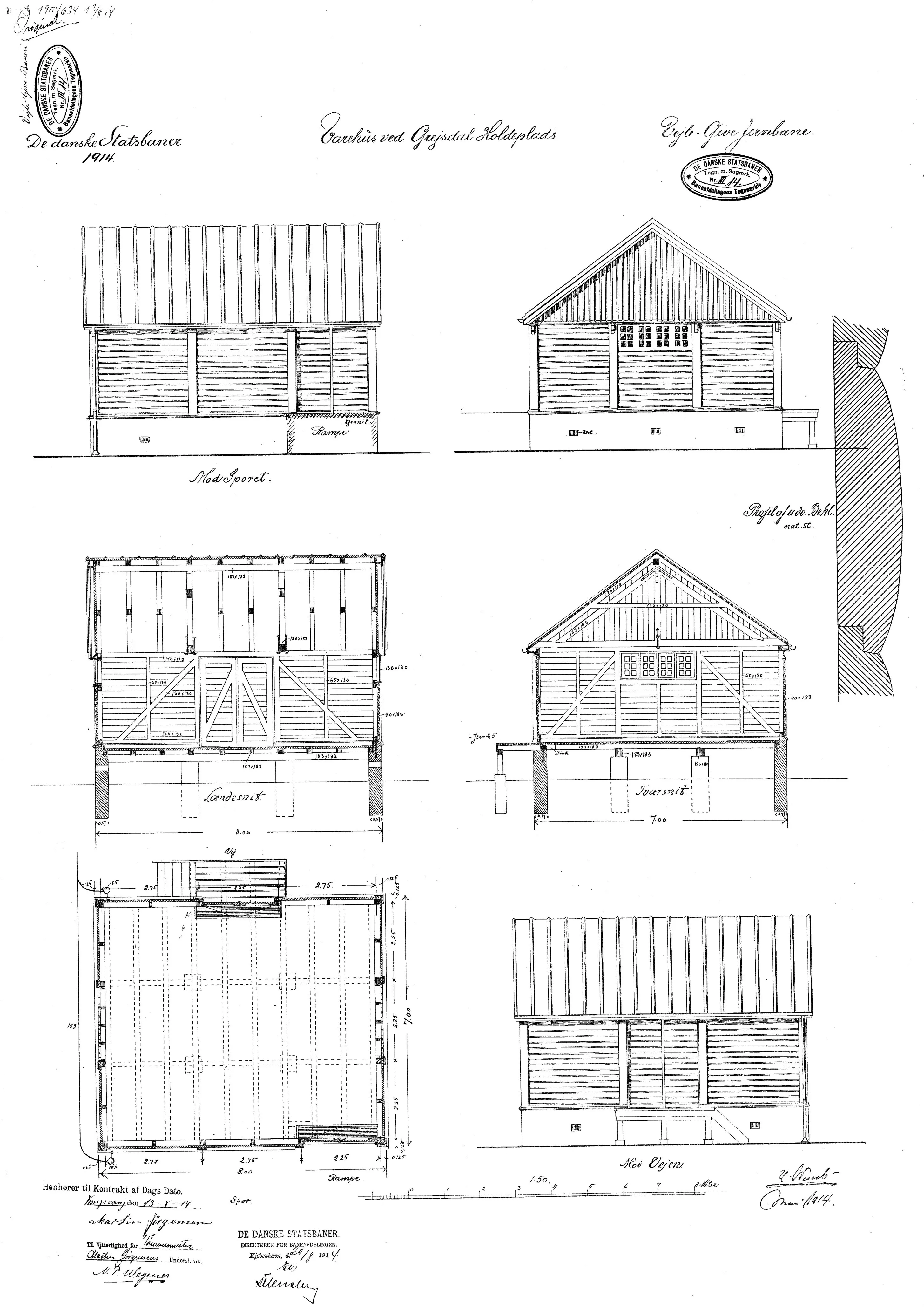 Tegning af Grejsdal Stations varehus. Tegning af Grejsdal Stations varehus.