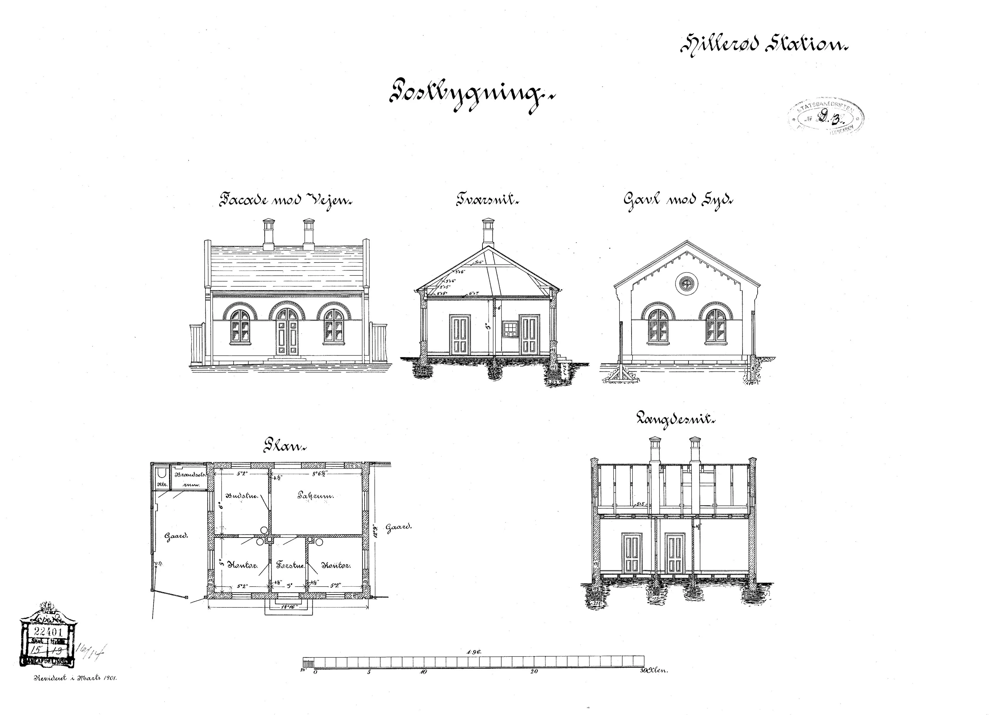 Tegning af Postbygning ved Hillerød Station.