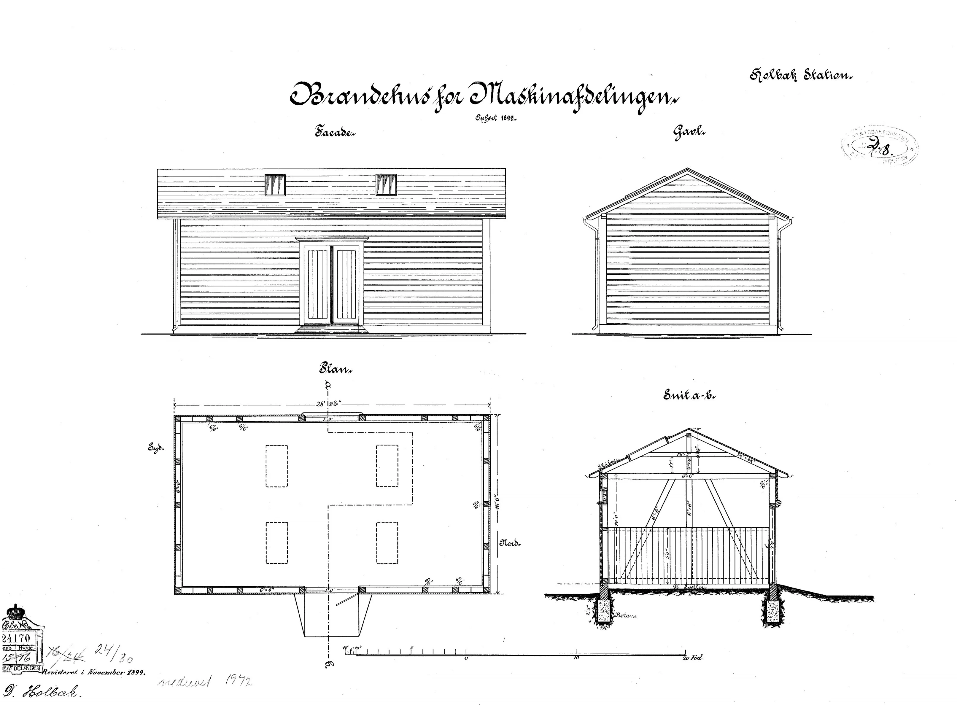 Tegning af Brændehus for Maskinafdelingen ved Holbæk Banegård. Tegning af Brændehus for Maskinafdelingen ved Holbæk Banegård.
