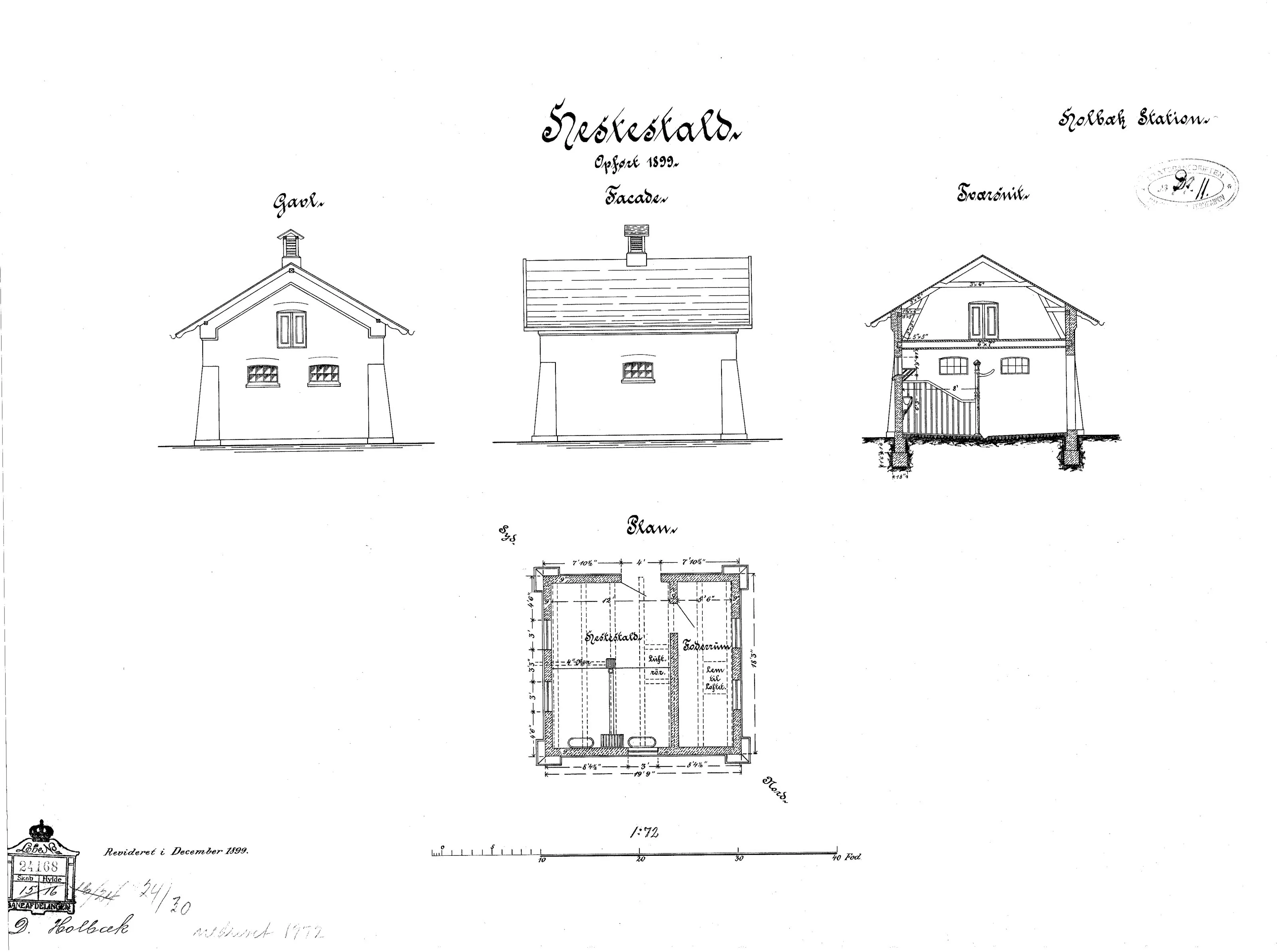 Tegning af Hestestald ved Holbæk Banegård. Tegning af Hestestald ved Holbæk Banegård.
