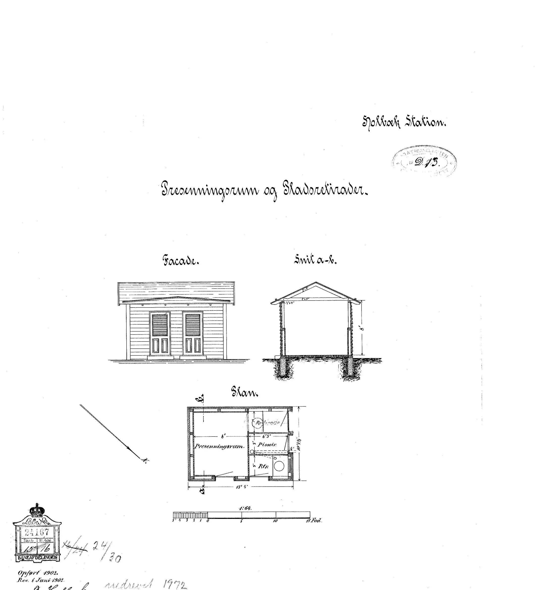 Tegning af Presenningsrum og pladsretirader ved Holbæk Banegård. Tegning af Presenningsrum og pladsretirader ved Holbæk Banegård.