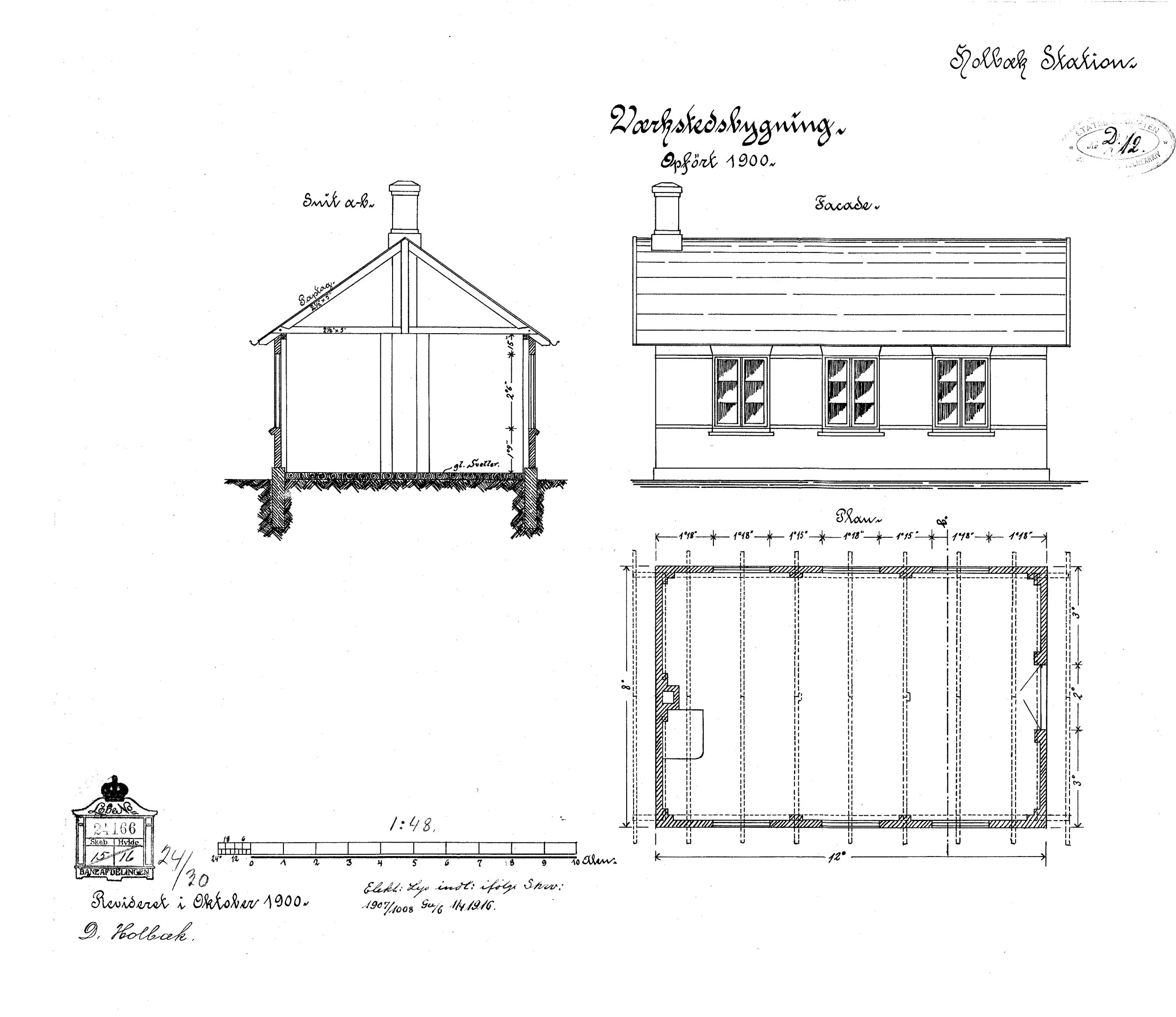 Tegning af Værkstedsbygning ved Holbæk Banegård. Tegning af Værkstedsbygning ved Holbæk Banegård.