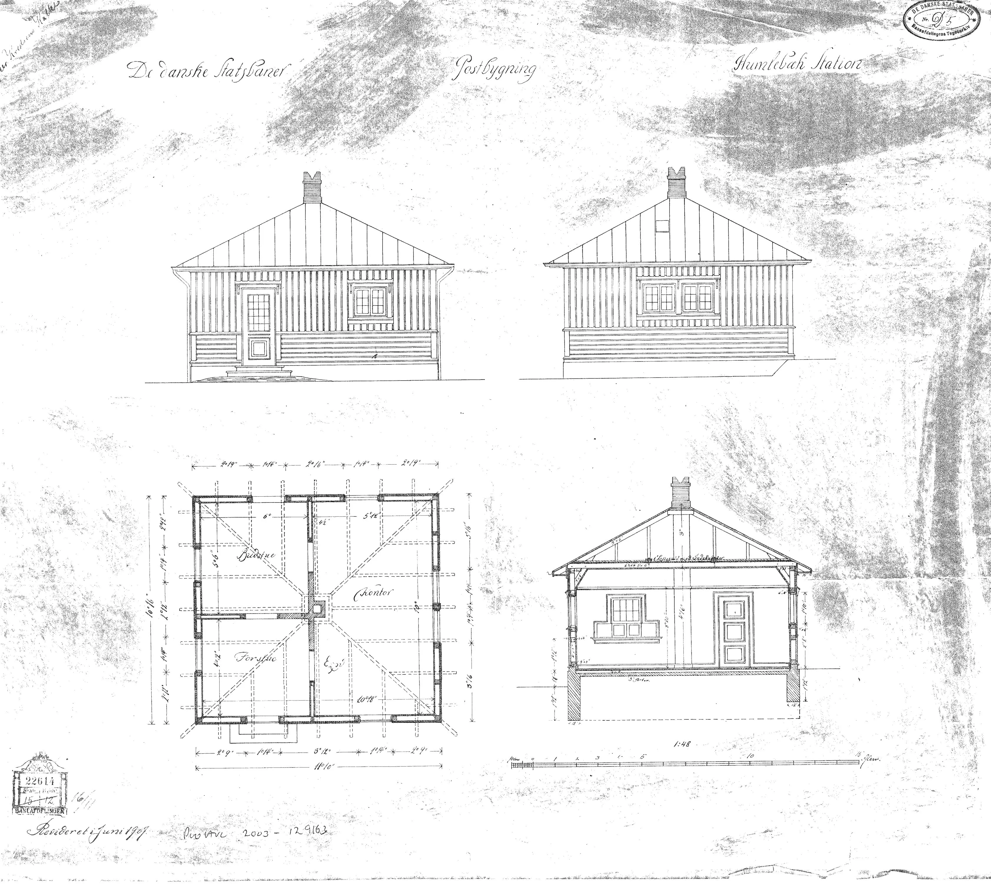 Tegning af Postbygning ved Humlebæk Station.