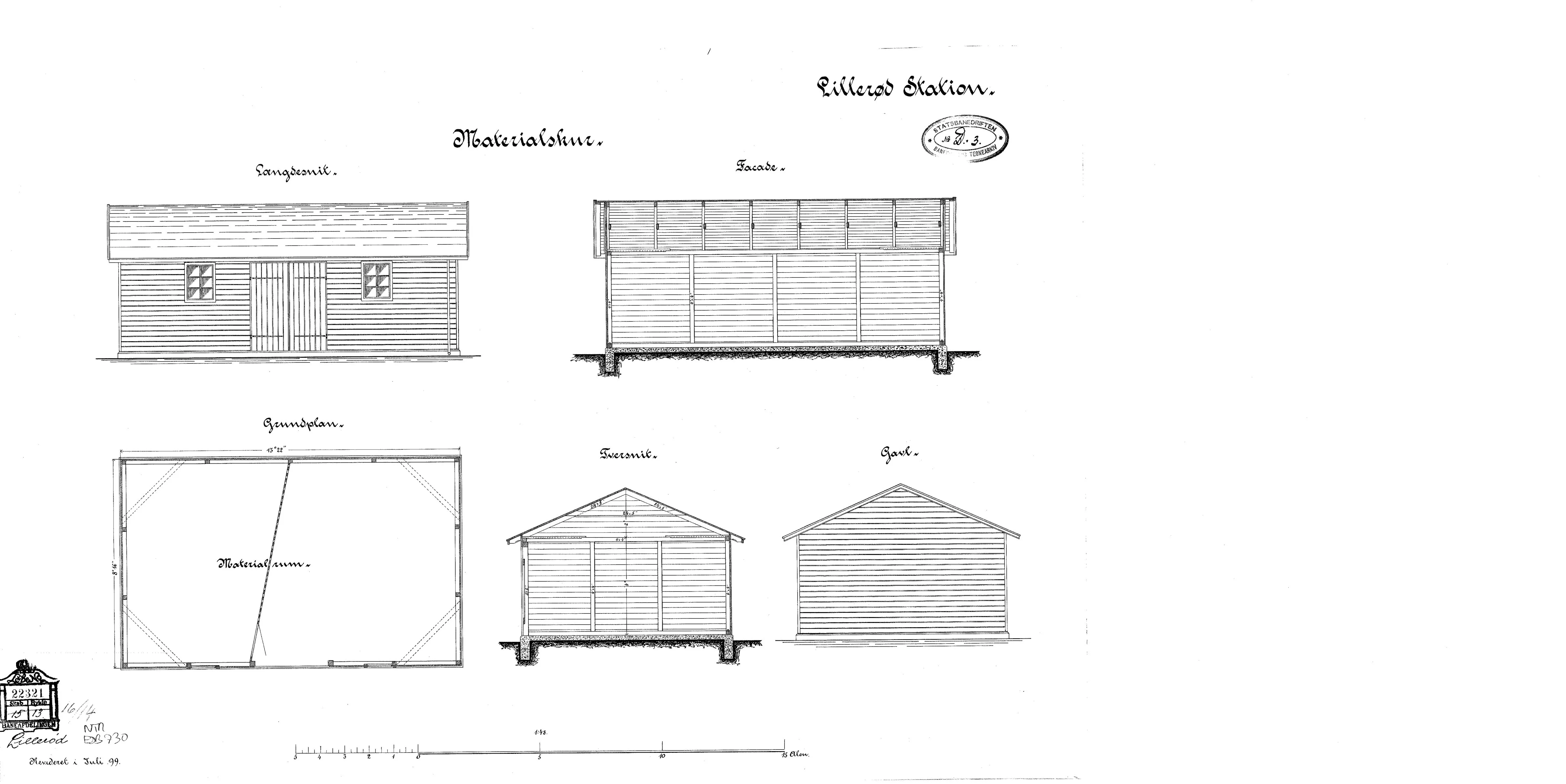 Tegning af Materialskur ved Allerød Station.