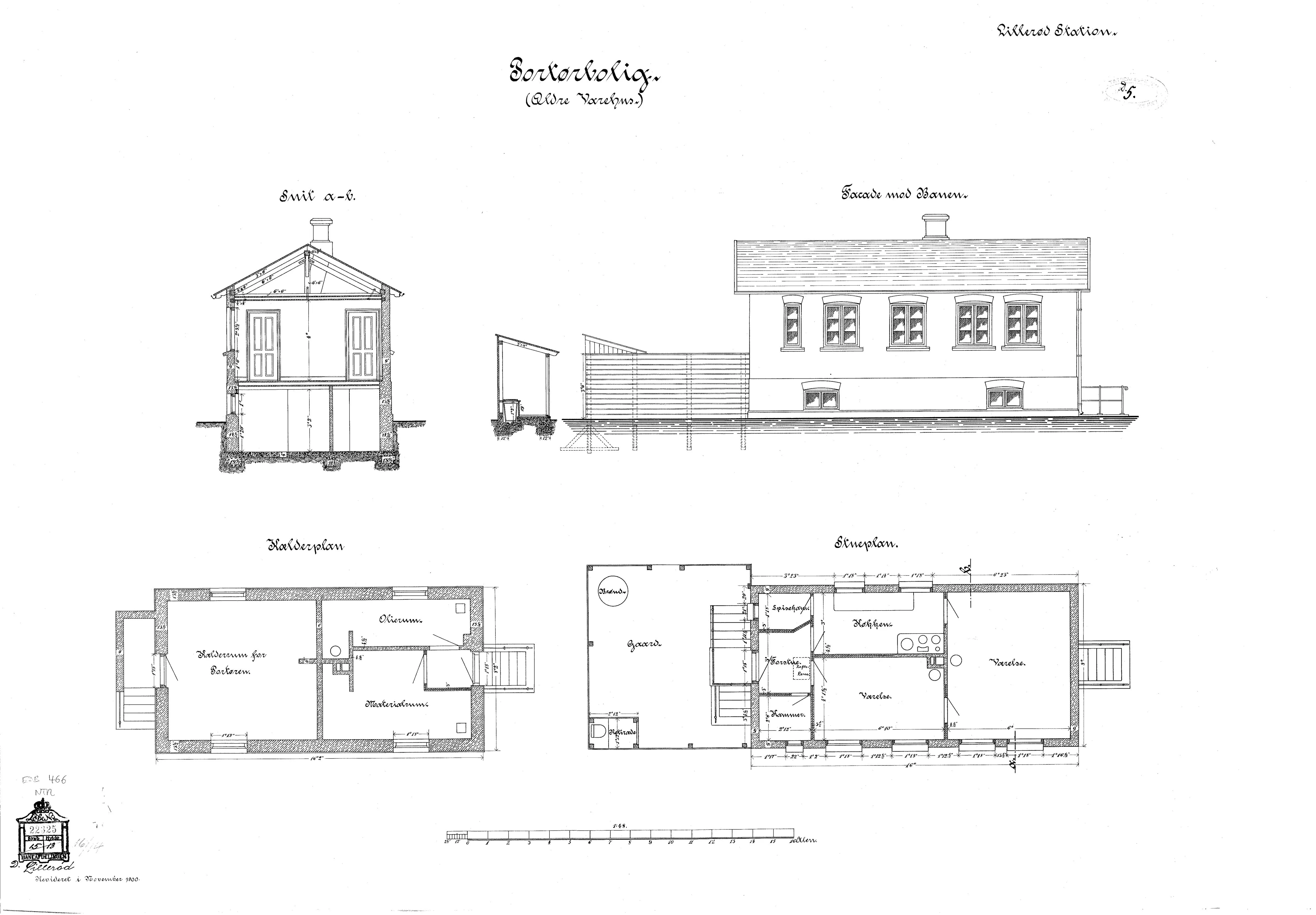 Tegning af Portørbolig (ældre varehus) ved Allerød Station.