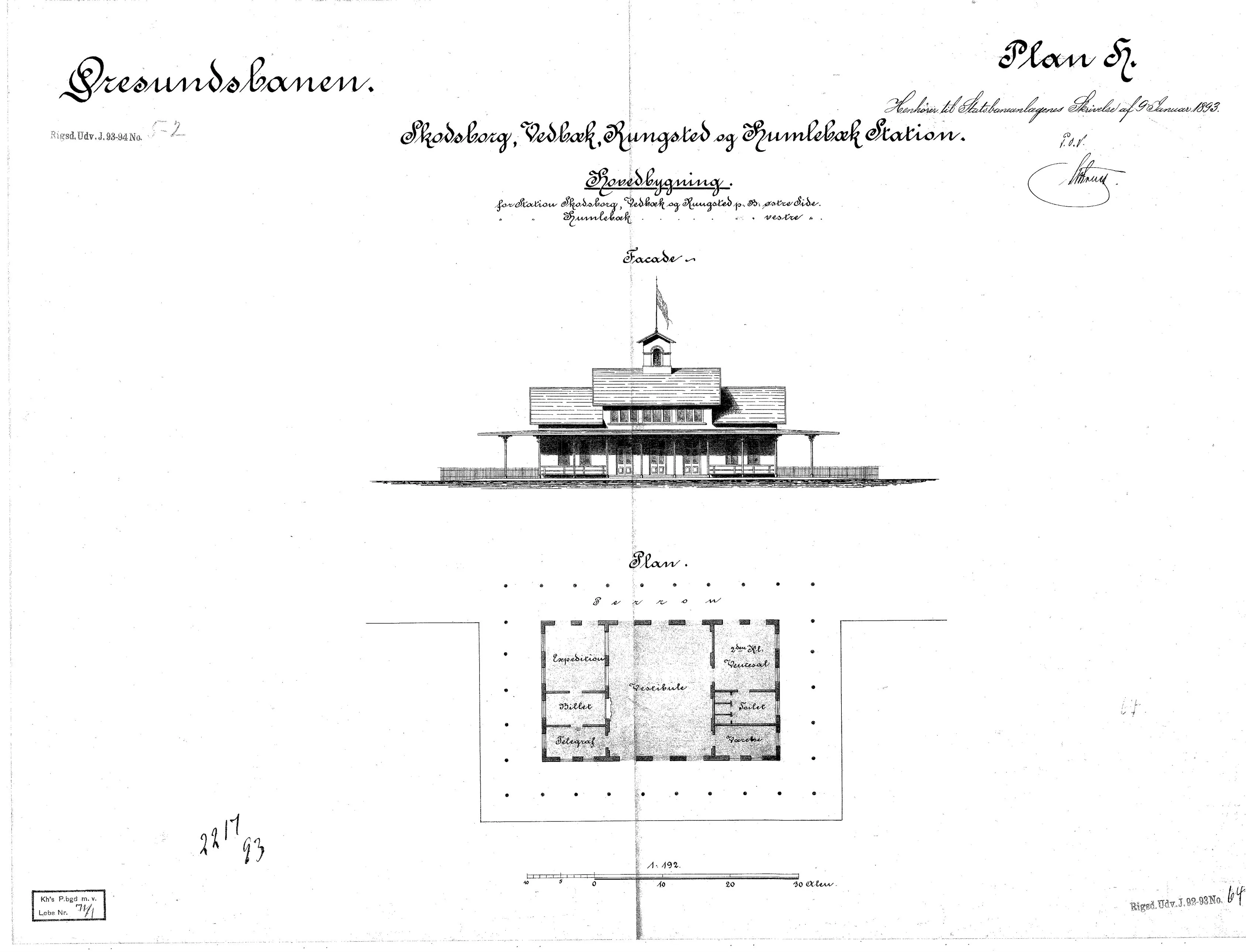 Tegning af Udkast til Humlebæk Station. Tegning af Udkast til Humlebæk Station.