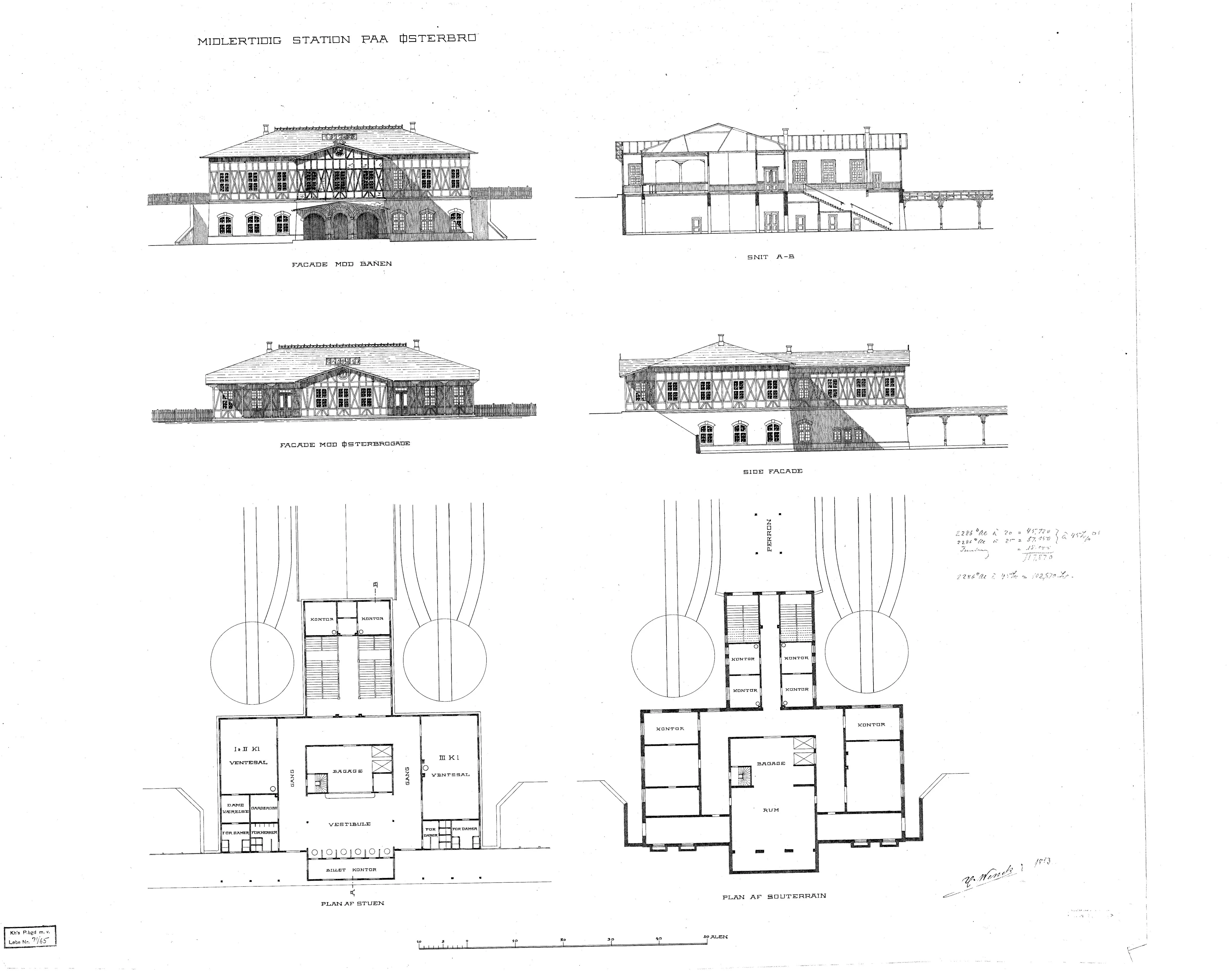 Tegning af Østerport Station - Udkast til midlertidig stationsbygning.