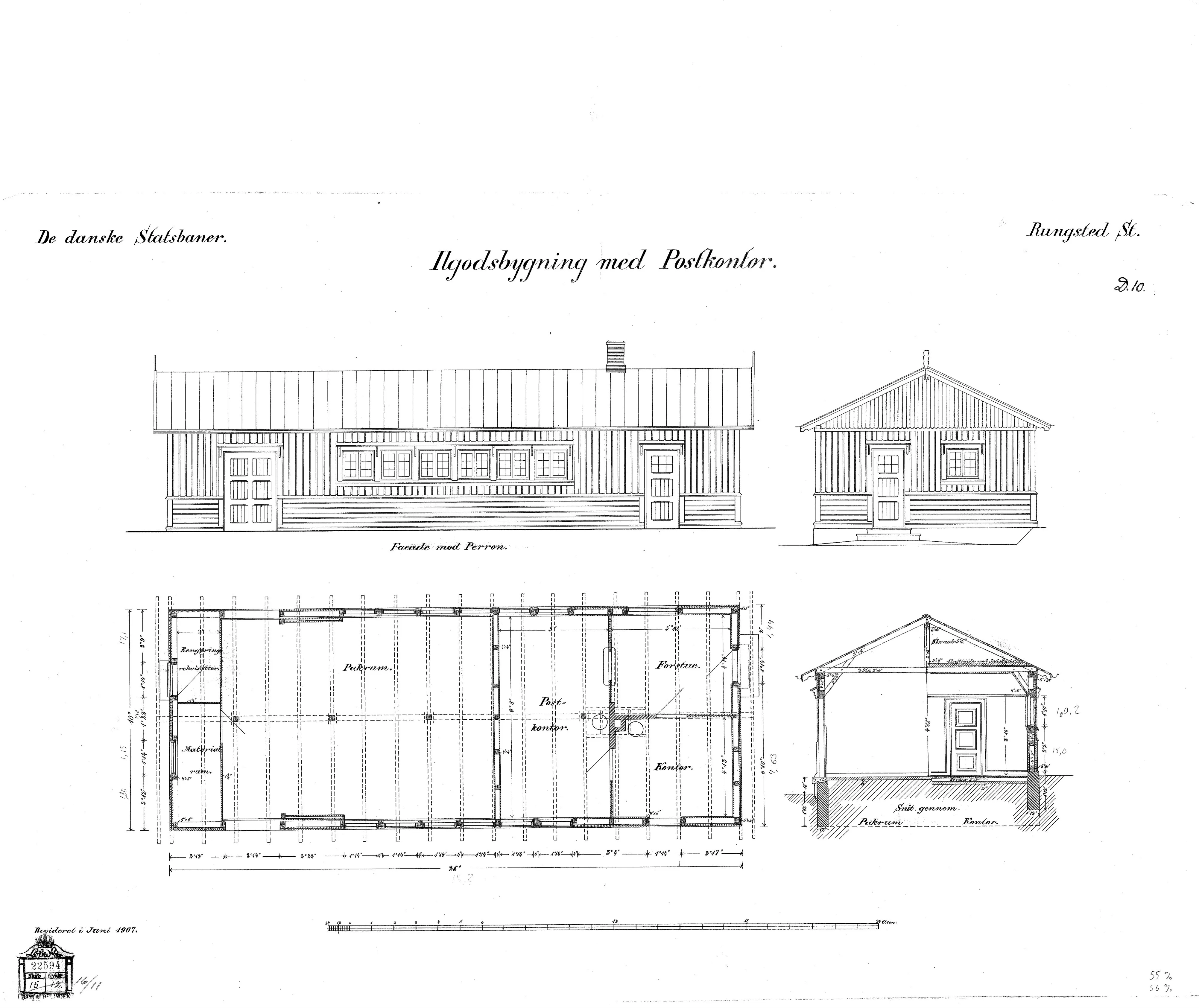 Tegning af Ilgodsbygning med postkontor ved Rungsted Kyst Station. Tegning af Ilgodsbygning med postkontor ved Rungsted Kyst Station.