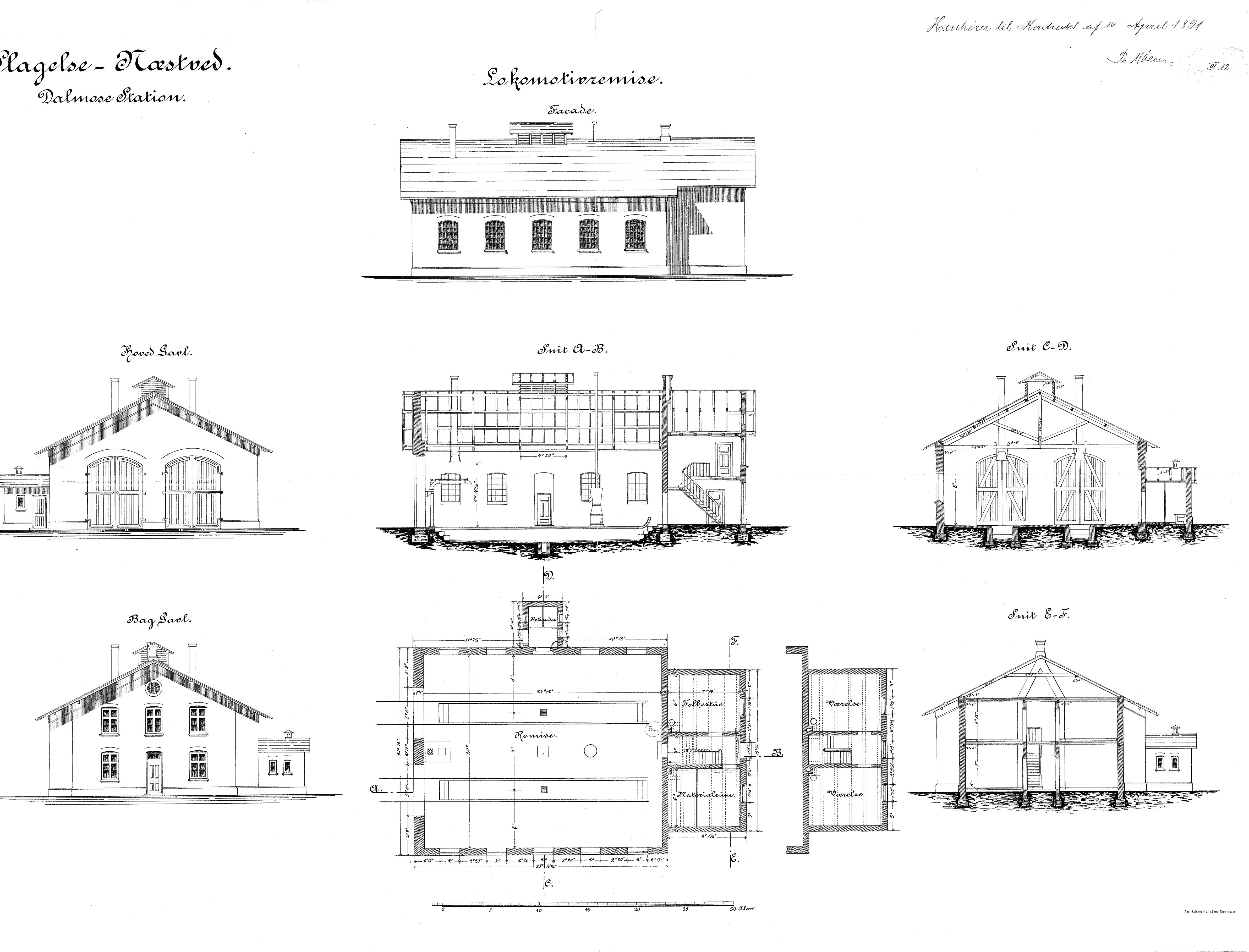 Tegning af Lokomotivremise ved Dalmose Station.