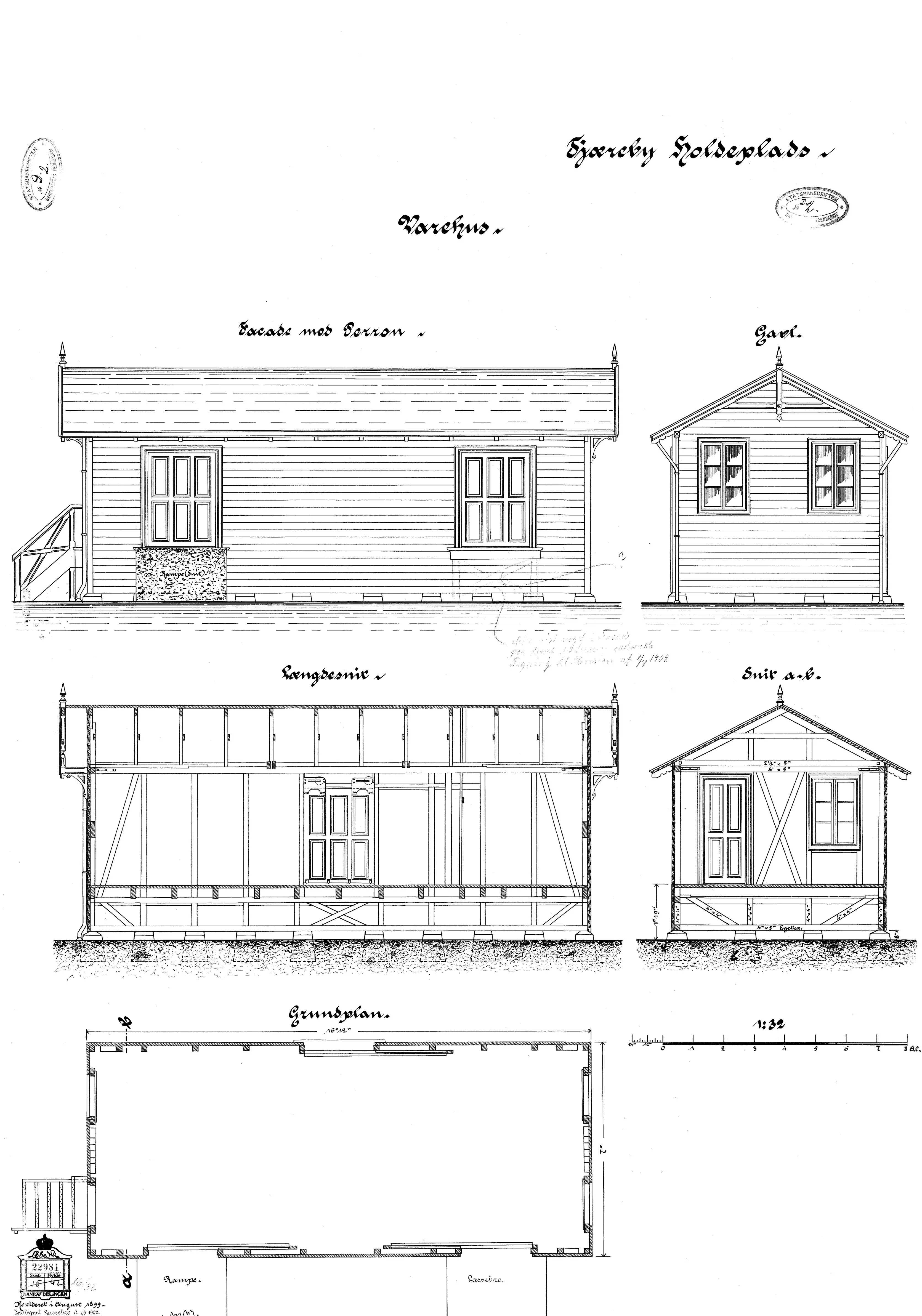 Tegning af Tjæreby Stations varehus.