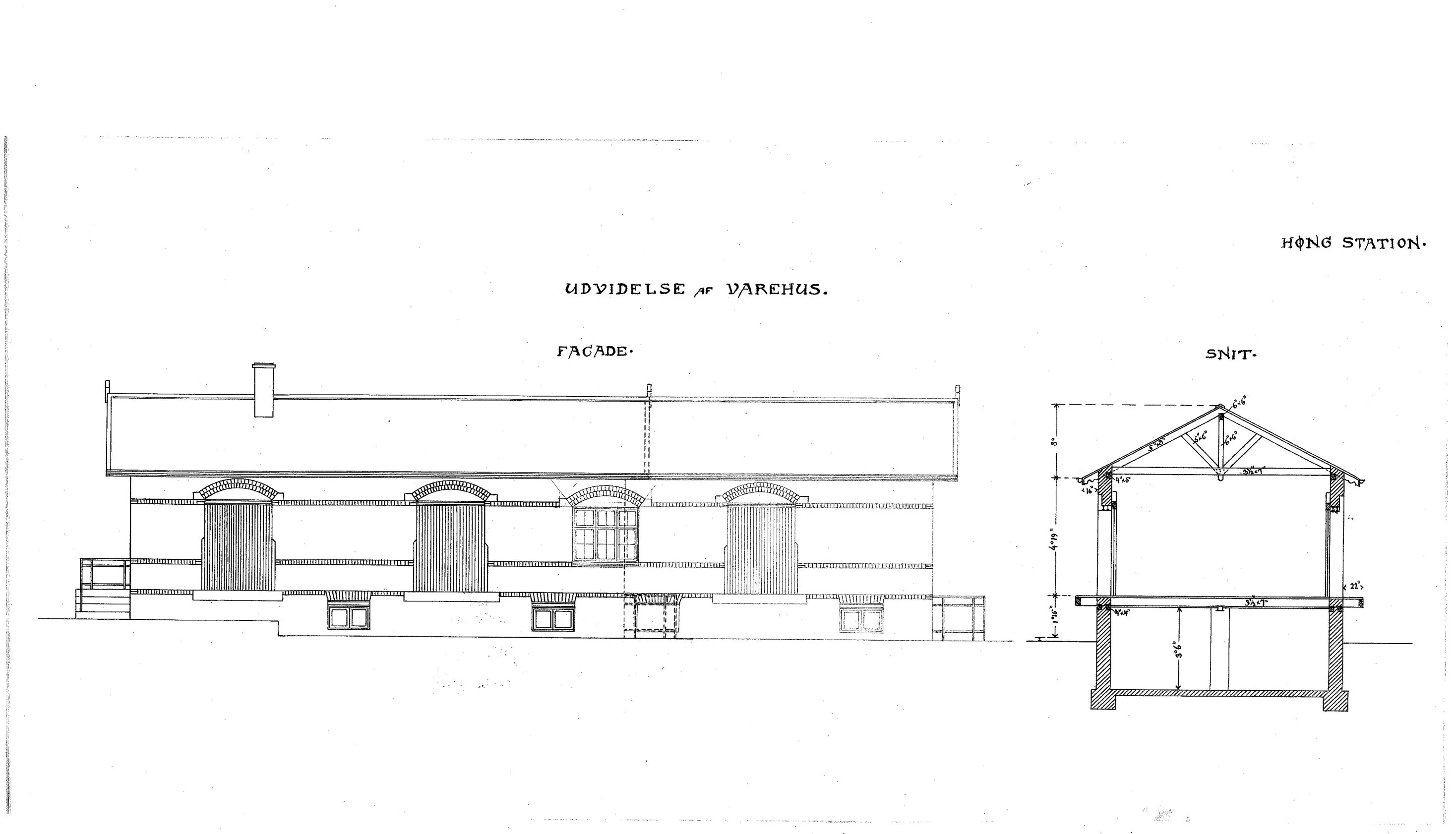 Tegning af Udvidelse af varehus ved Høng Station.