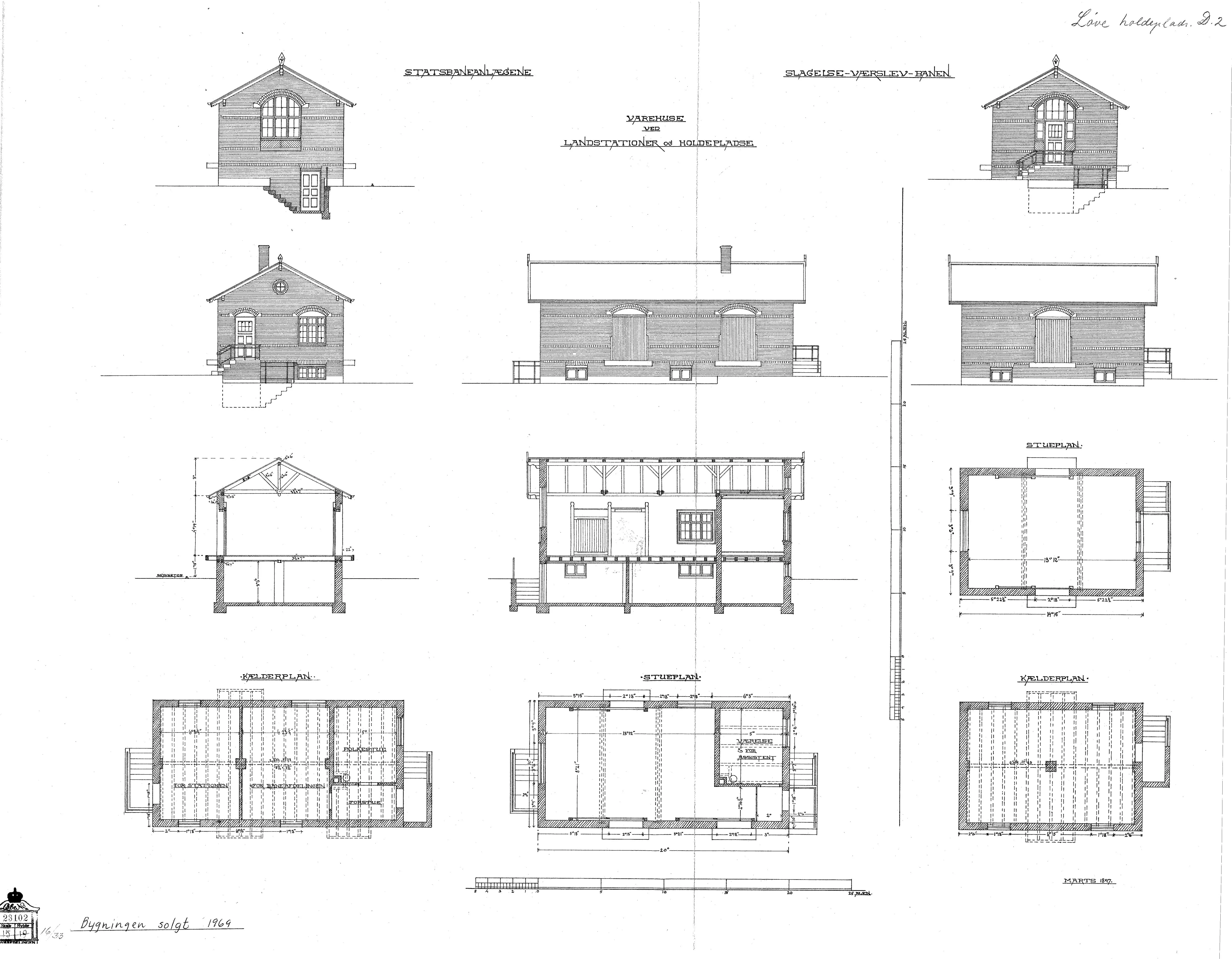 Tegning af Store Fuglede Stations varehus.