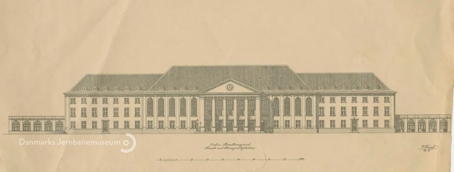 Tegning af Ikke realiseret projekttegning til ny hovedbygning af Aarhus Hovedbanegård. Facade mod Banegårdspladsen. Tegning af Ikke realiseret projekttegning til ny hovedbygning af Aarhus Hovedbanegård. Facade mod Banegårdspladsen.